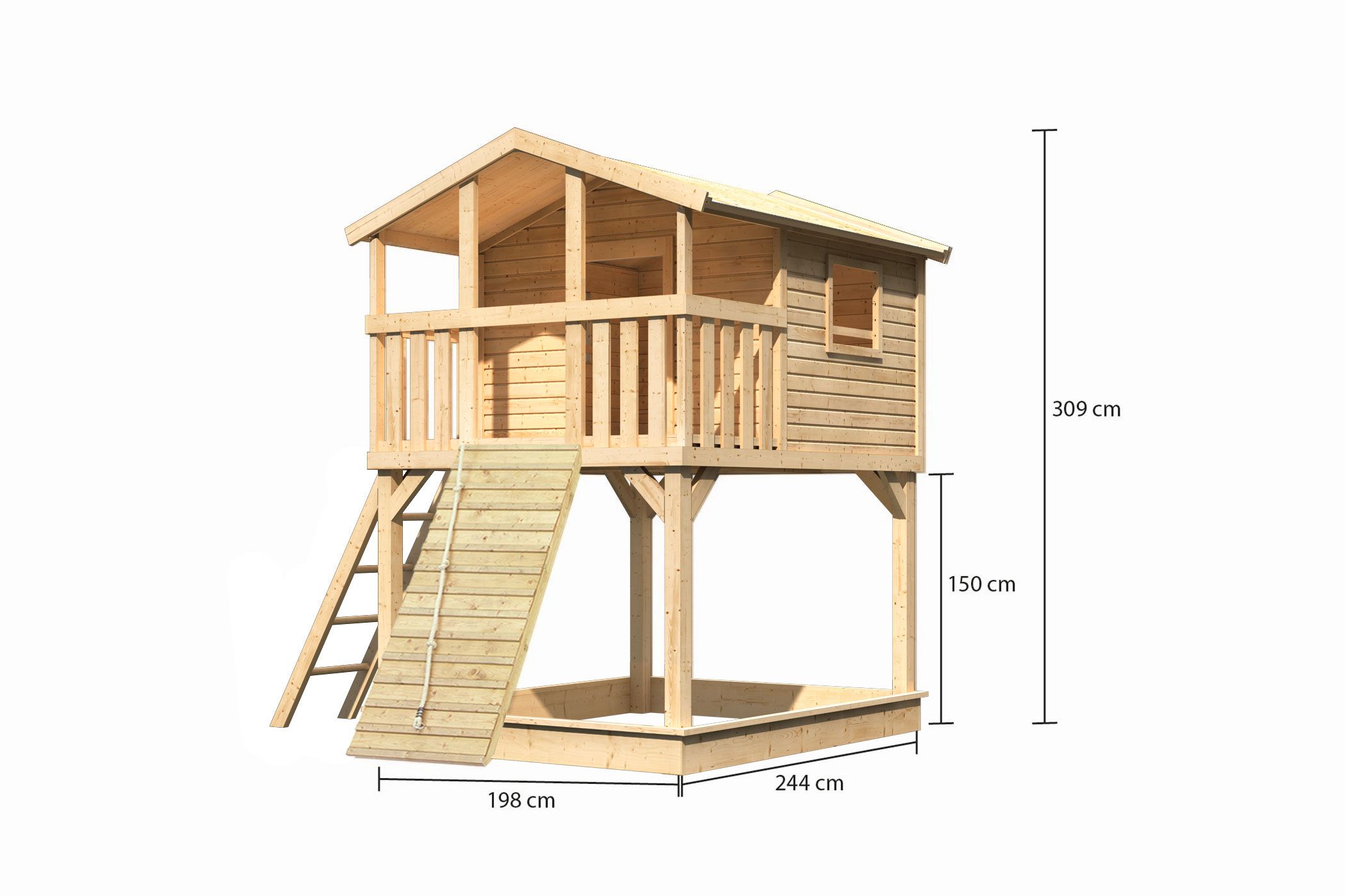 Maßzeichnung der Karibu Stelzenhaus Benjamin mit Bemaßung von Grundfläche und Höhe
