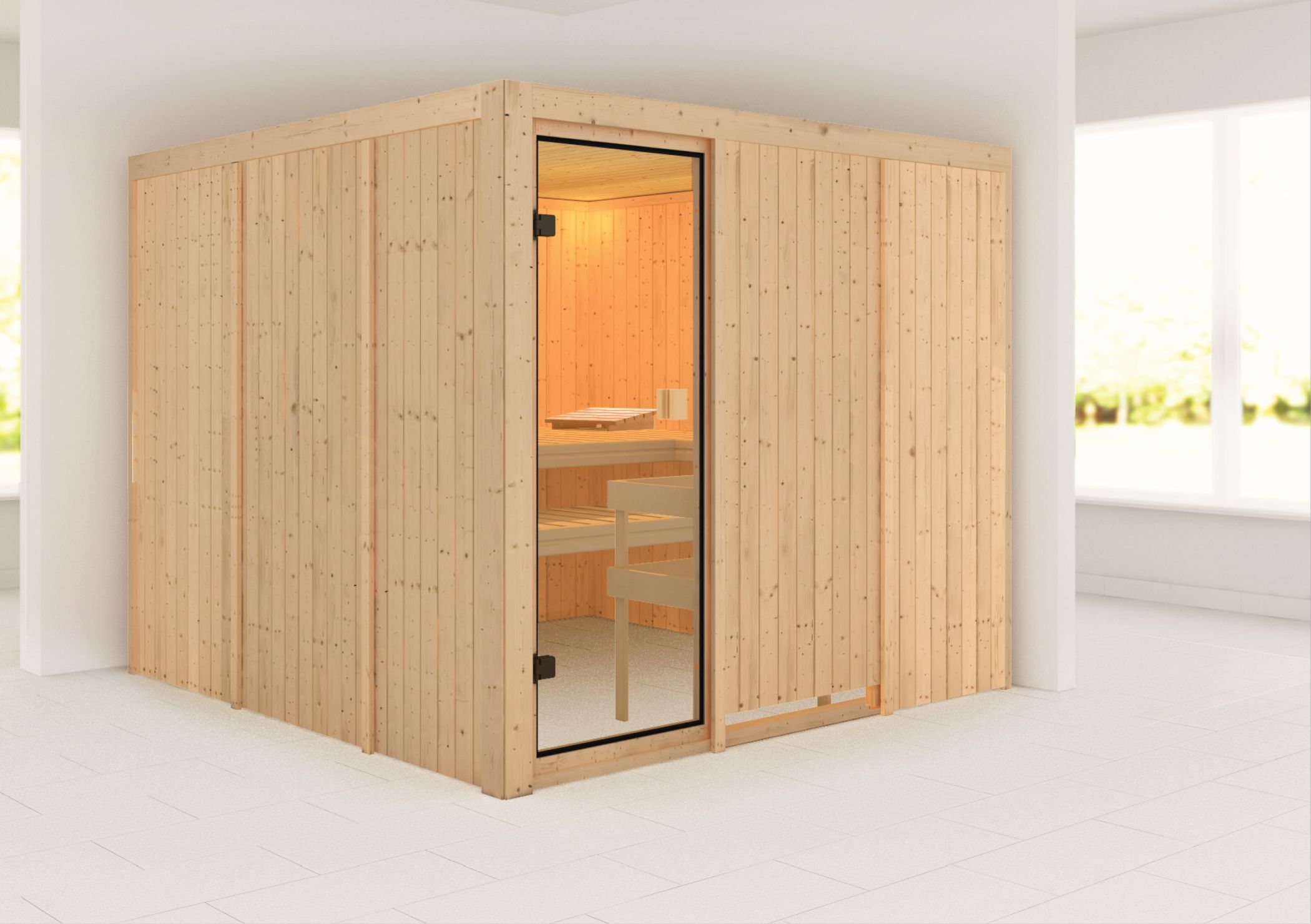 Außenansicht der Karibu Sauna Arvika aus nordischer Fichte mit Ganzglastür und Fronteinstieg