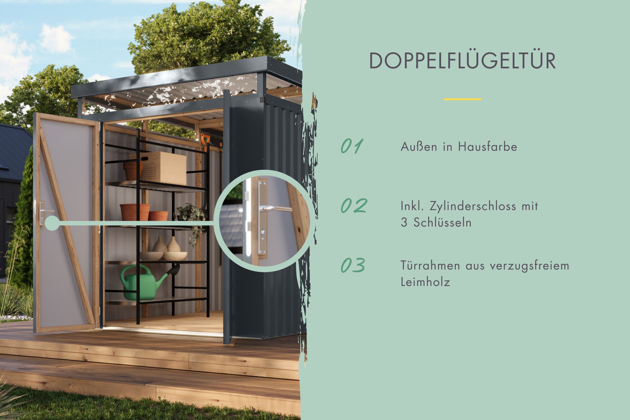Doppelflügeltür des Karibu Gerätehaus aus Metall Aurum 2,5 mit Zylinderschloss und Kunstglas