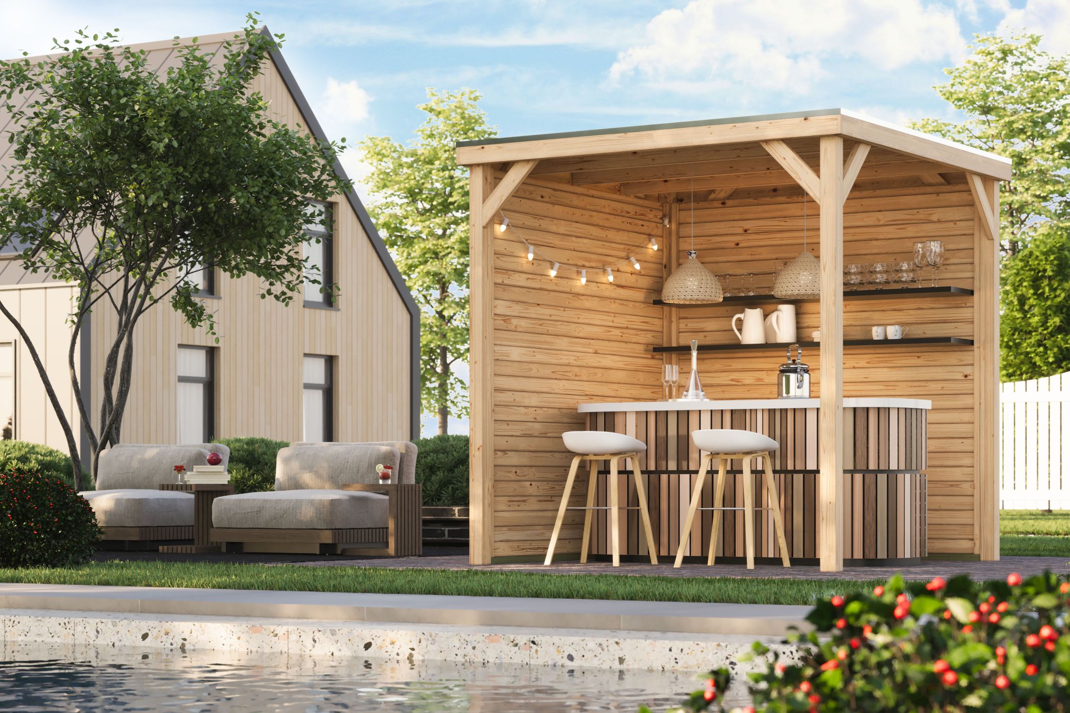 Karibu Cubeco Pavillon aus Leimholz mit Flachdach im Garten als Ambiente-Ansicht