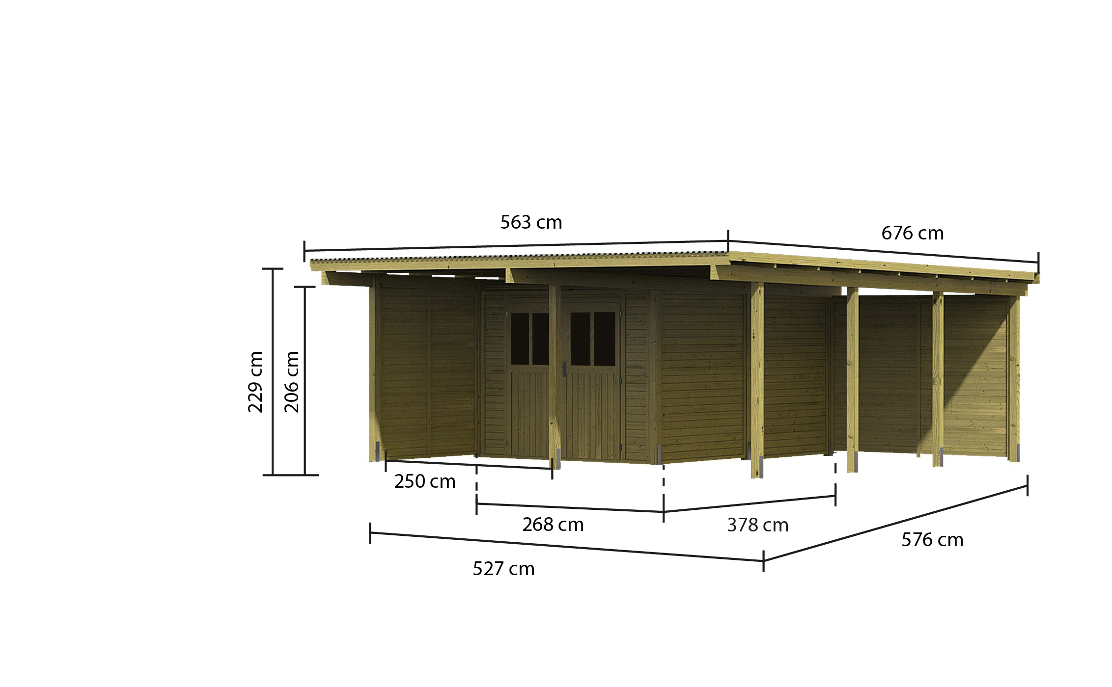 Maßzeichnung des Karibu Doppelcarport BASIC 2 mit Dachmaß 563 × 676 cm und Durchfahrtshöhe 206 cm
