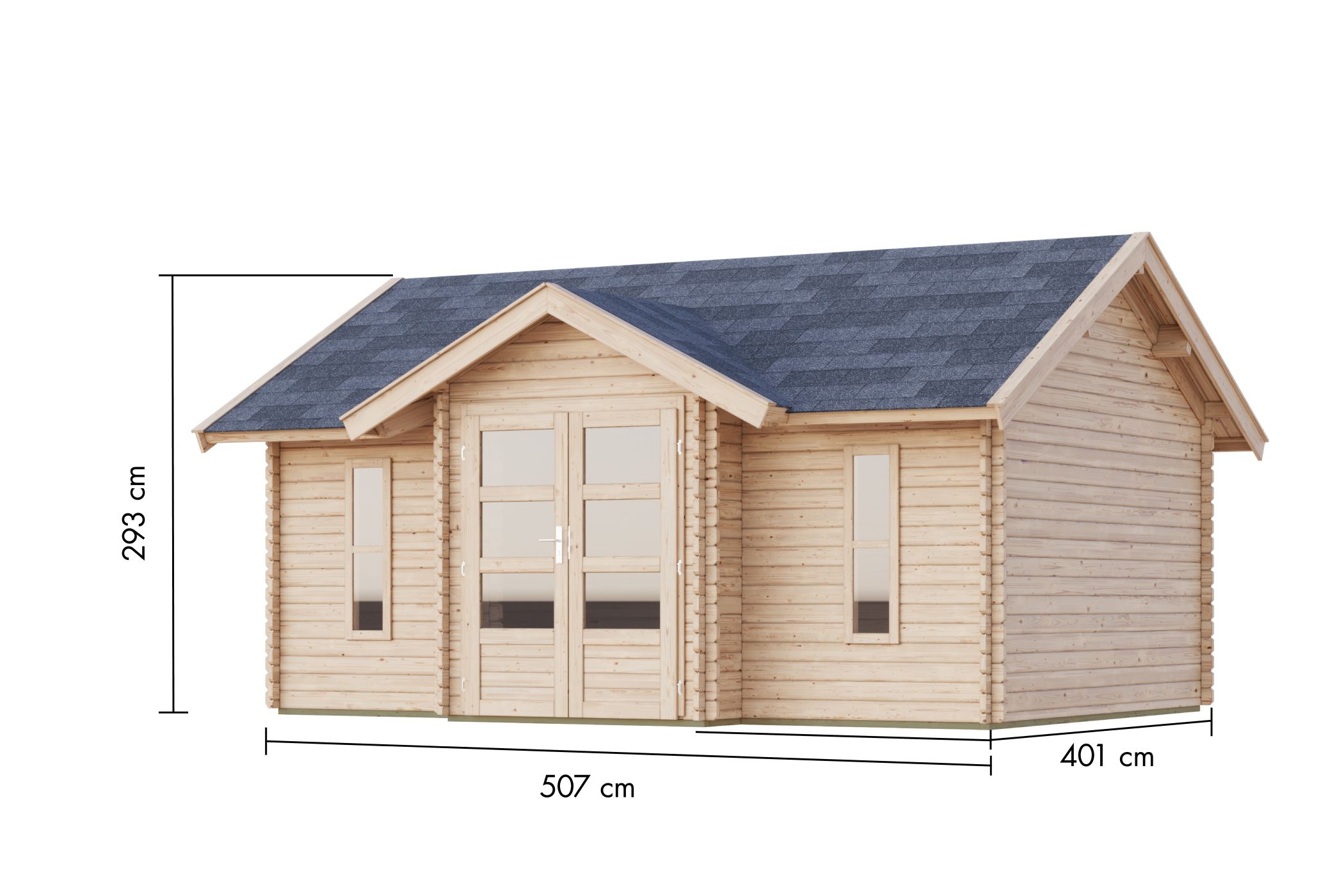 Maßzeichnung des Karibu Gartenhaus Nordland mit Bemaßung von Grundfläche und Höhe