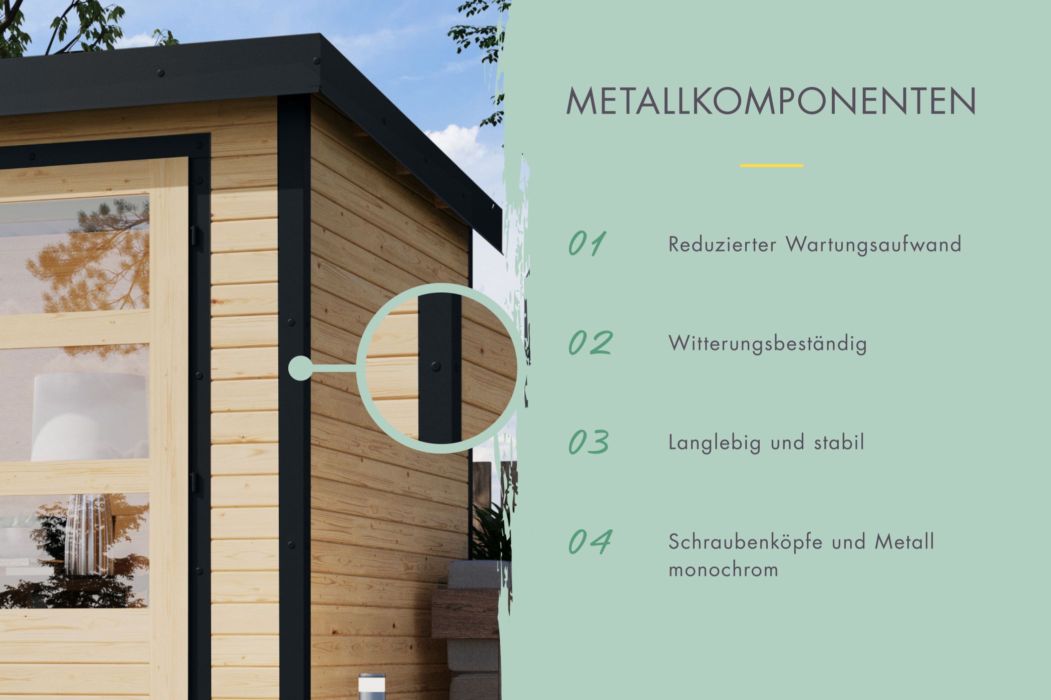 Metallkomponenten des Karibu großes Gartenhaus Holz & Metall Merkur für wartungsarme Ecken und Dachleisten