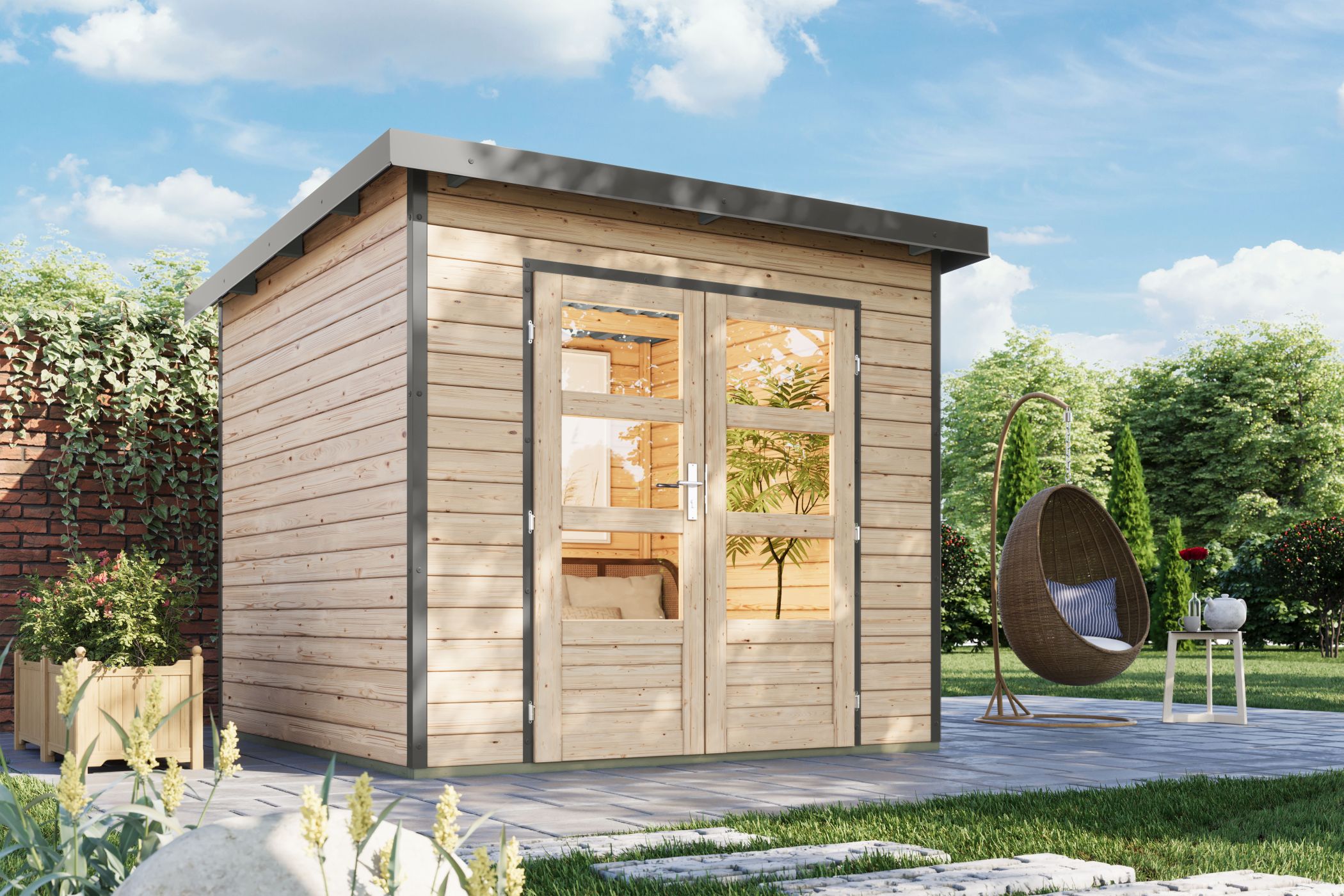 Karibu Gartenhaus Holz & Metall Pluto 3 in Naturbelassen mit Metall in Graualuminium im Garten