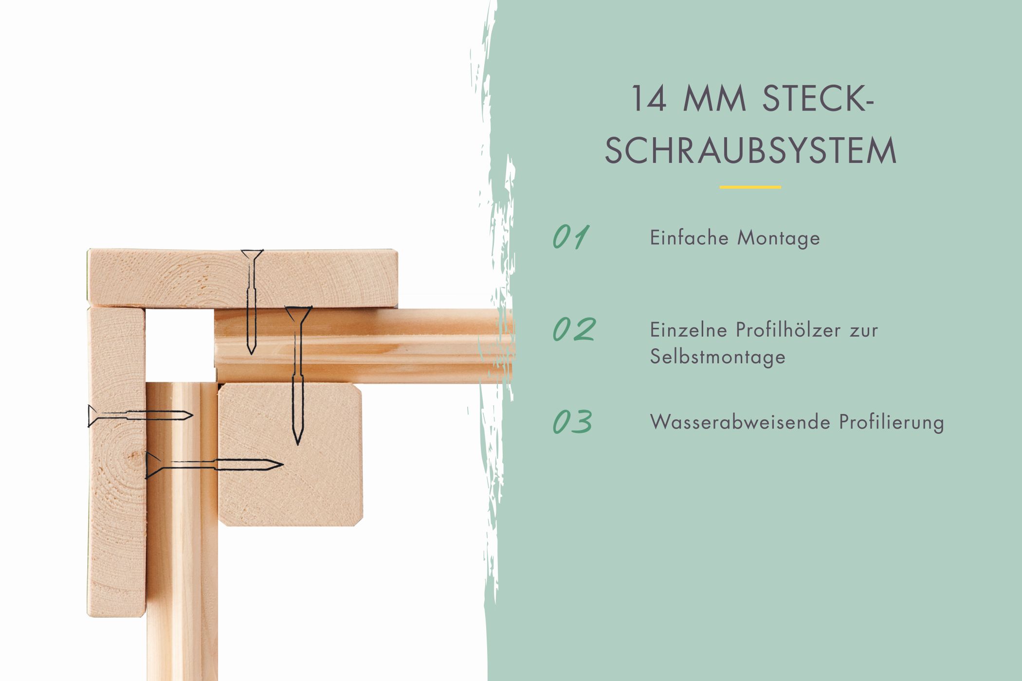14-mm-Blockbohlenbauweise des Karibu Gerätehaus Merseburg 6 mit Nut-und-Feder-Verbindung