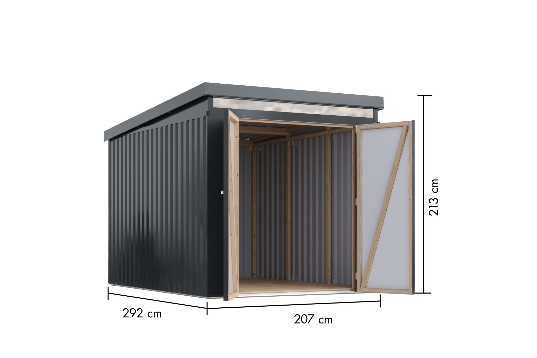 Bemaßte Maßzeichnung des Karibu Gerätehaus aus Metall Iridium 2,5, 207 × 292 cm