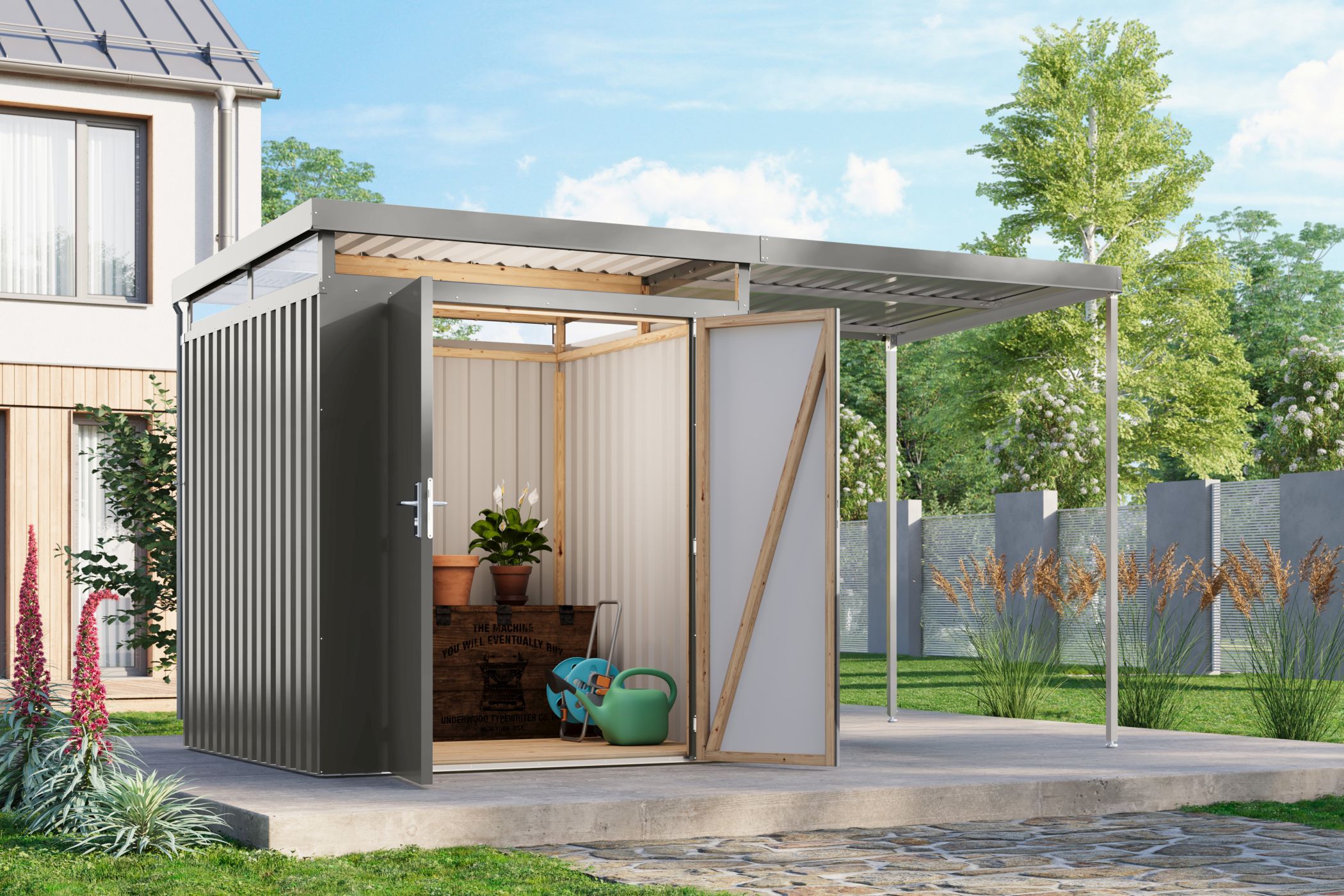 Karibu Gerätehaus aus Metall Aurum 2 in Graualuminium im Garten