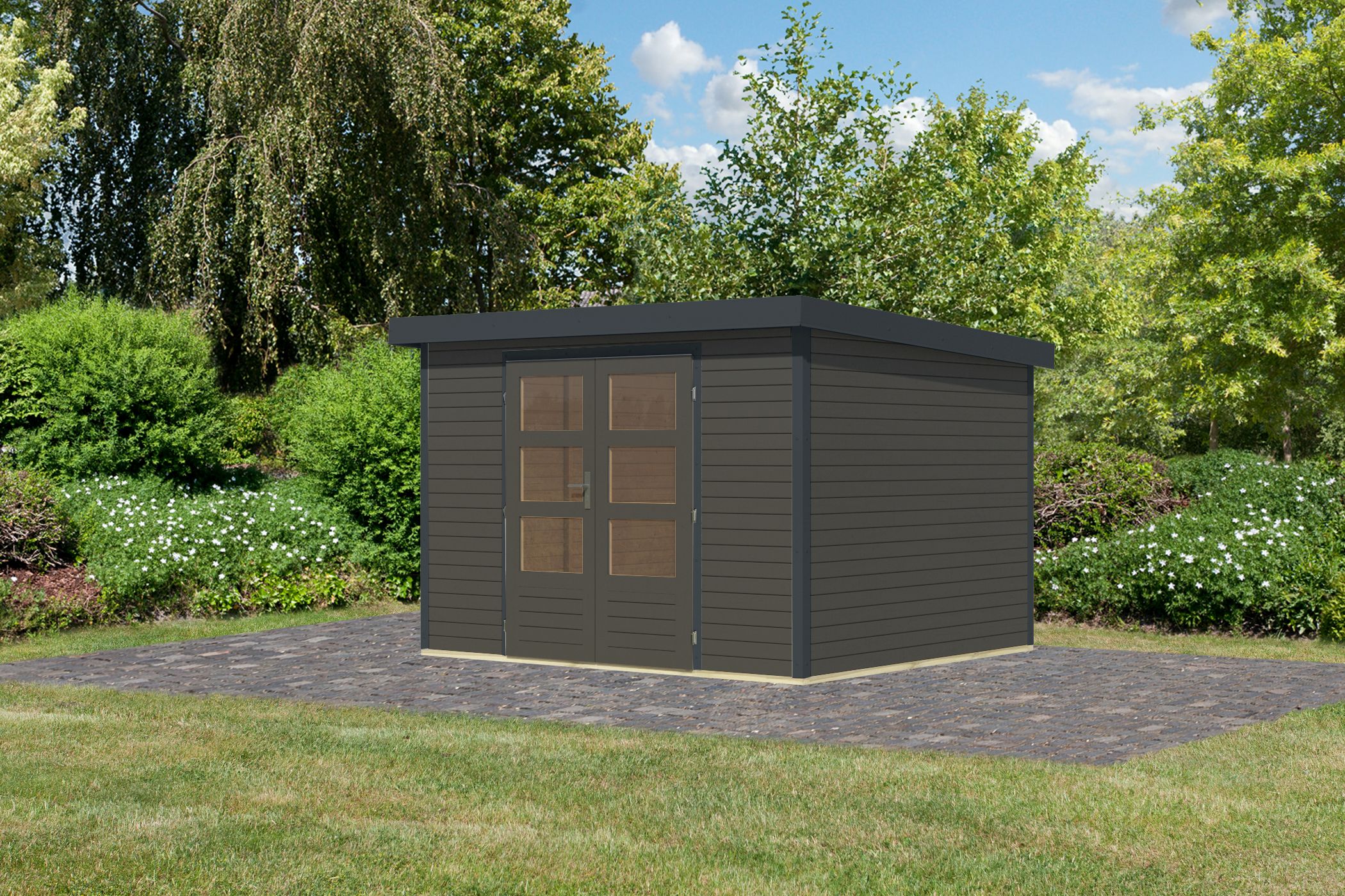 Karibu Gartenhaus Holz & Metall Jupiter 5 in Terragrau mit Metall in Anthrazit, Außenansicht