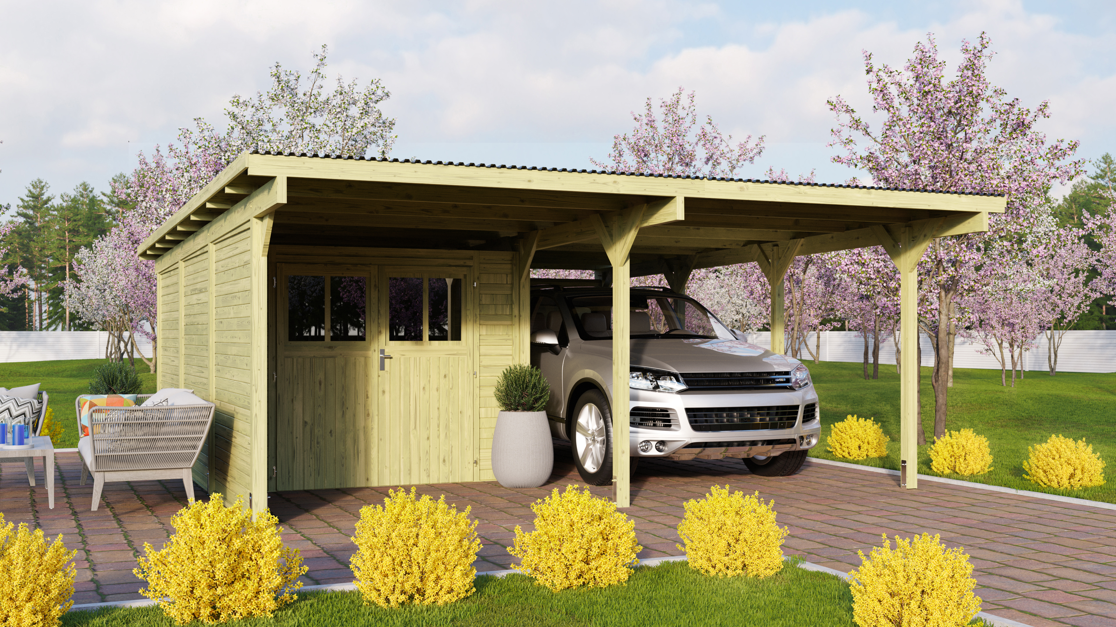 Karibu Doppelcarport BASIC 2 mit integriertem Abstellraum und Fahrzeug im Garten als Ambiente-Ansicht