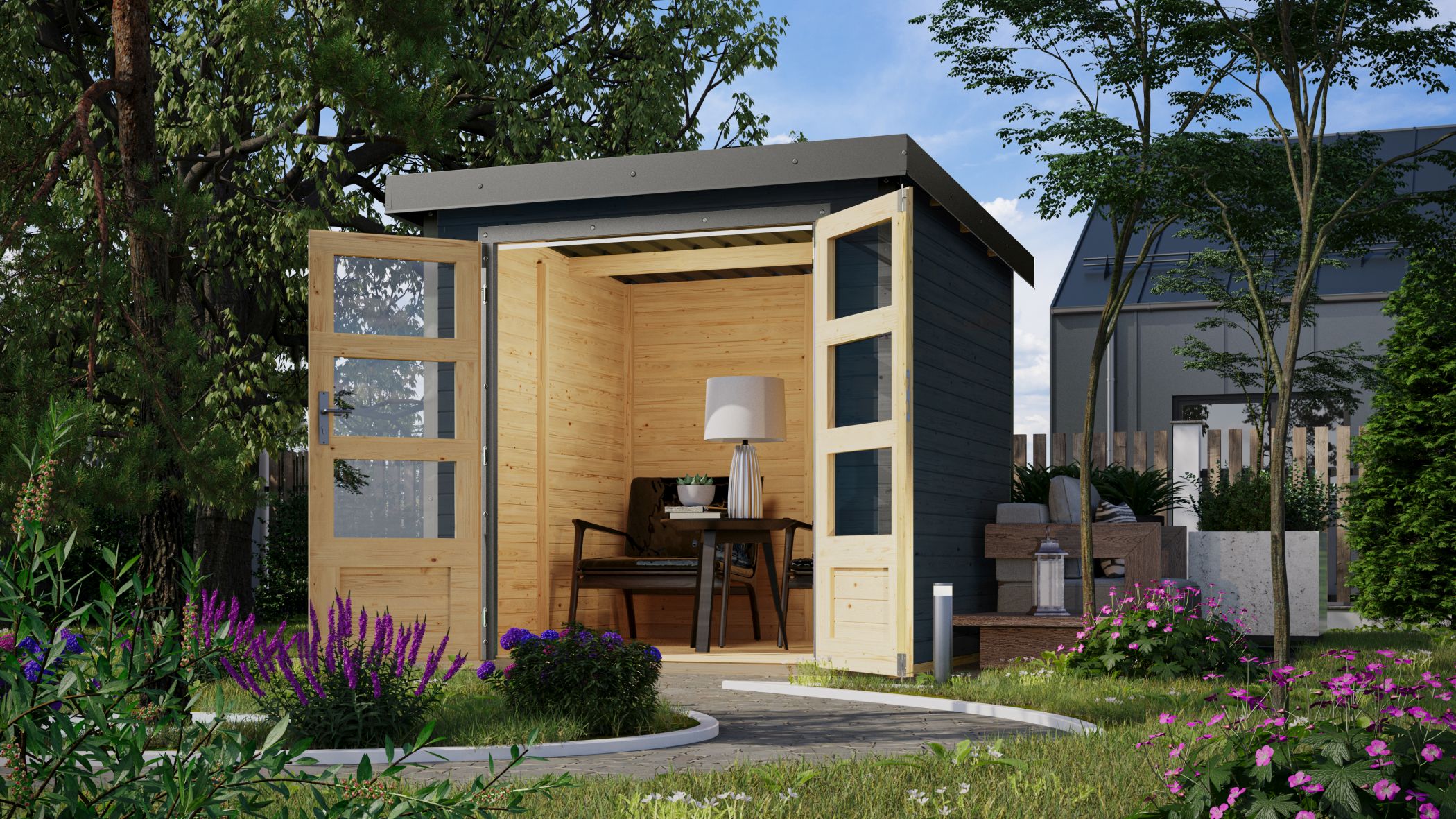 Karibu Gartenhaus Holz & Metall Jupiter 2 in Anthrazit mit Metall in Graualuminium im Garten