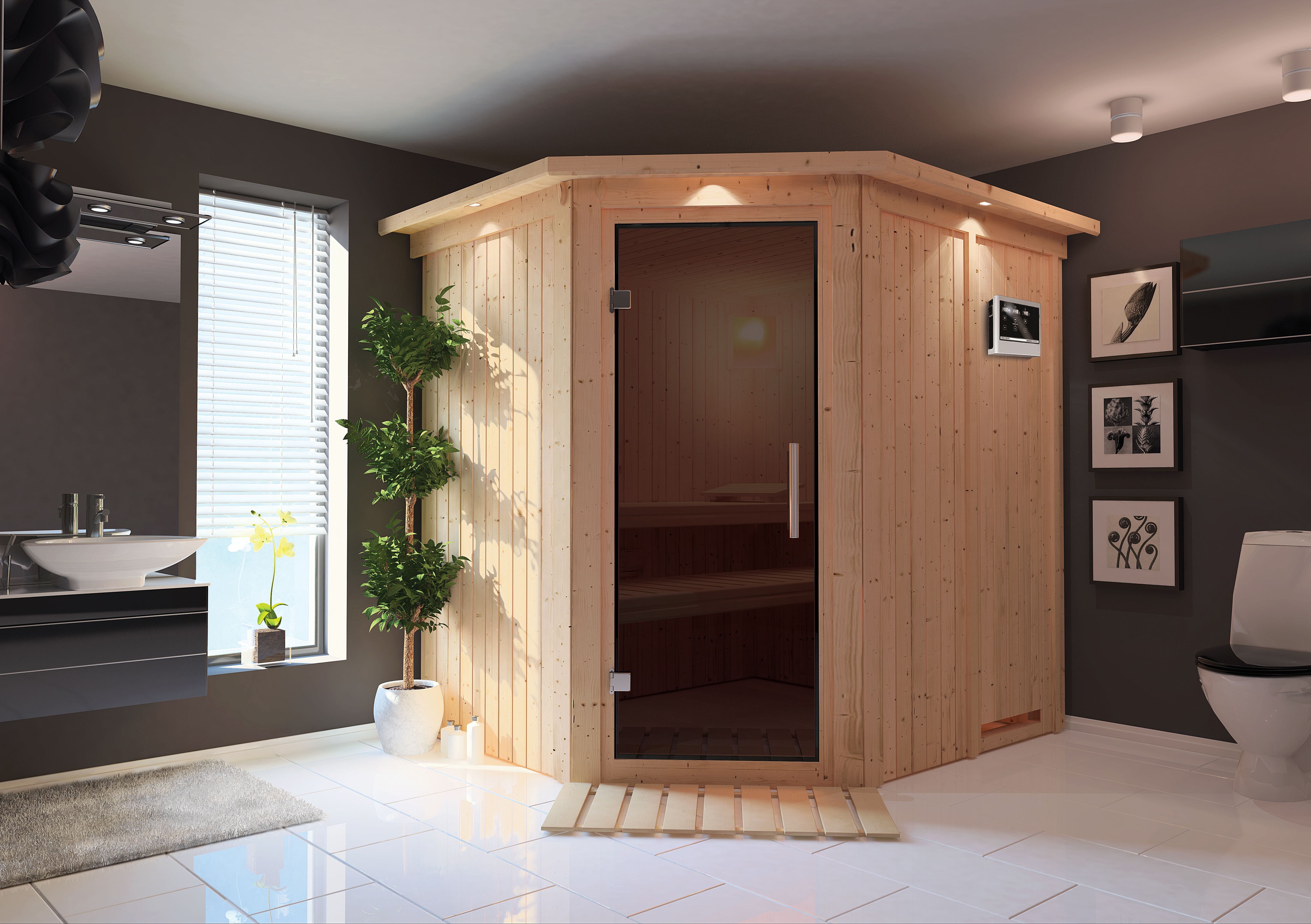 Karibu Sauna Siirin als stimmungsvoller Wellnessbereich in einem modern eingerichteten Wohnraum