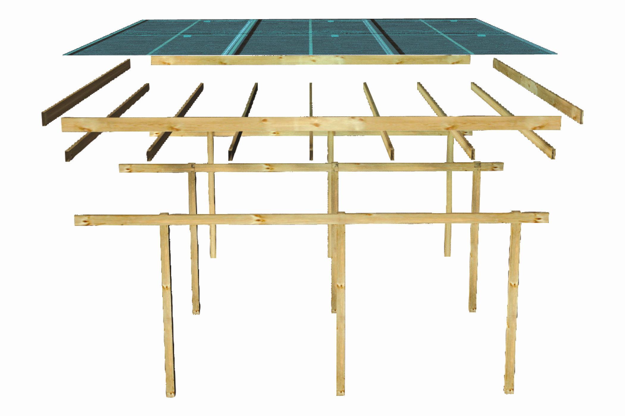 Aufbaudarstellung des Karibu Einzelcarport BASIC 1 mit Pfosten, Trägerbalken und Dachplatten im Überblick