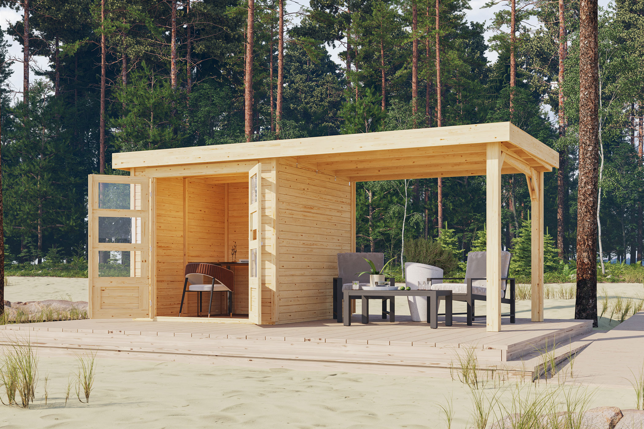 Karibu Gerätehaus Askola 2 in Naturbelassen und Anbaudach im Garten