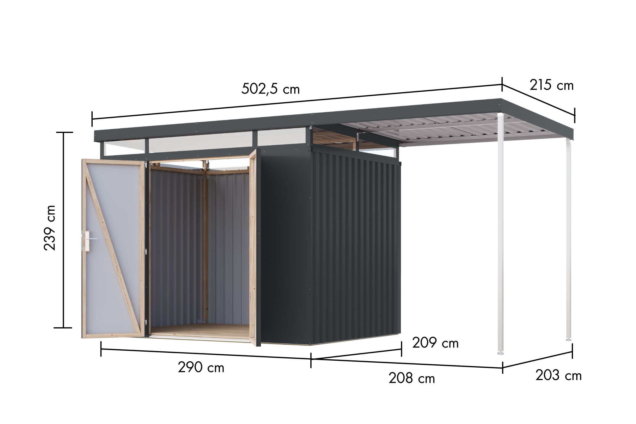 Bemaßte Maßzeichnung des Karibu Gerätehaus aus Metall Aurum 3, 497 × 209 cm