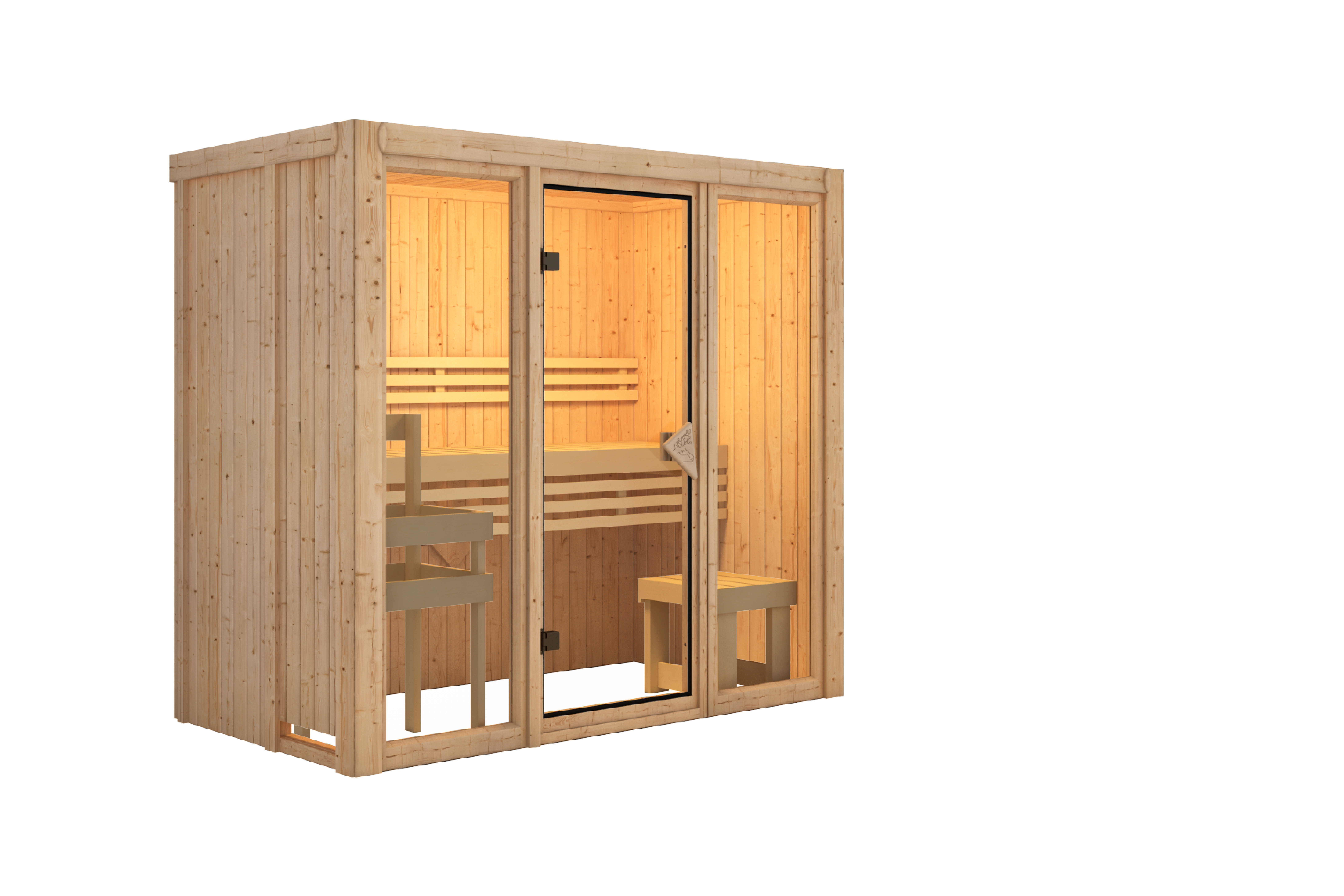 Innenansicht der Karibu Sauna Avari 2 mit Liegen und Kopfstütze aus hellem Espenholz