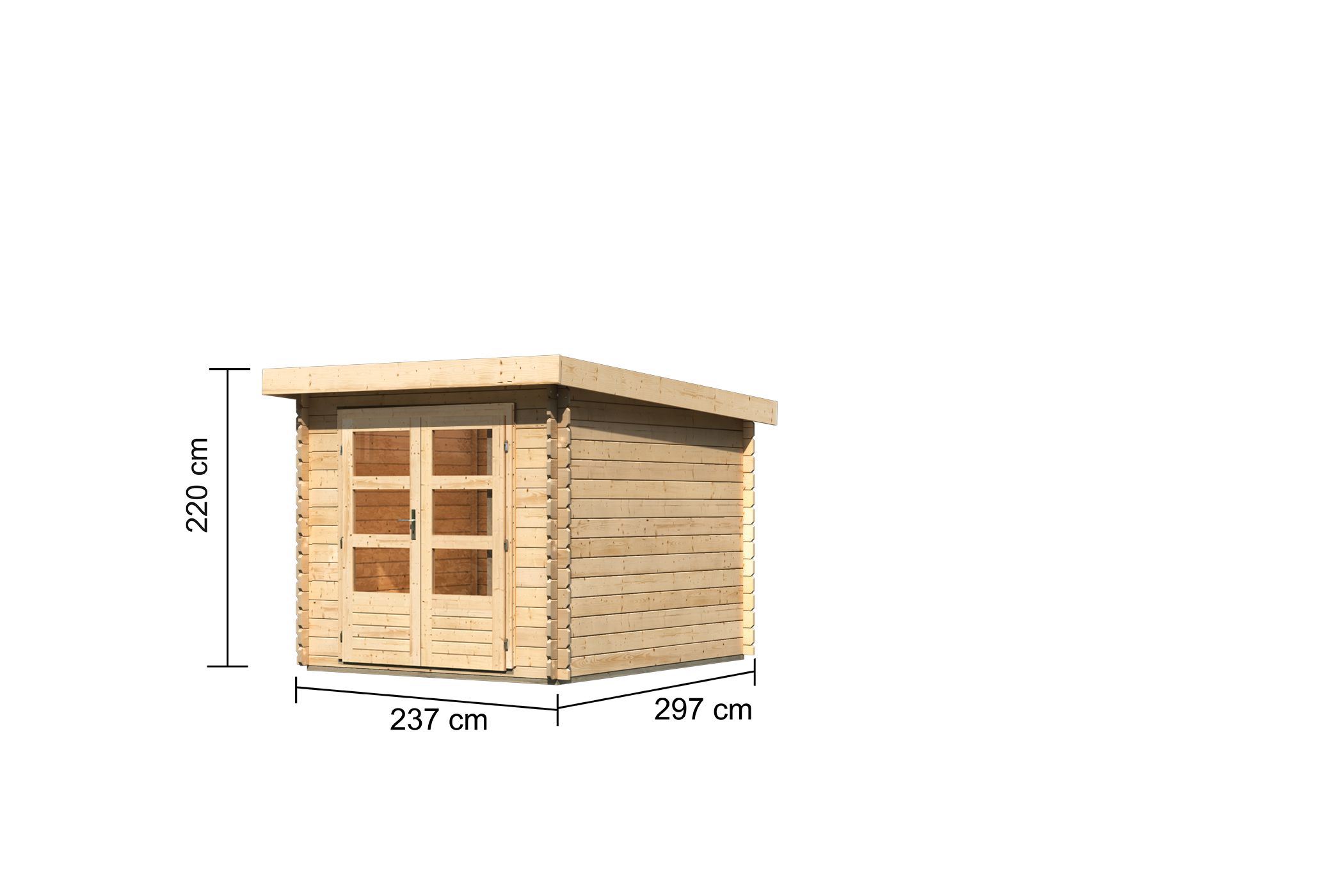 Bemaßte Maßzeichnung des Karibu Gartenhaus Bastrup 4, 237 × 297 cm