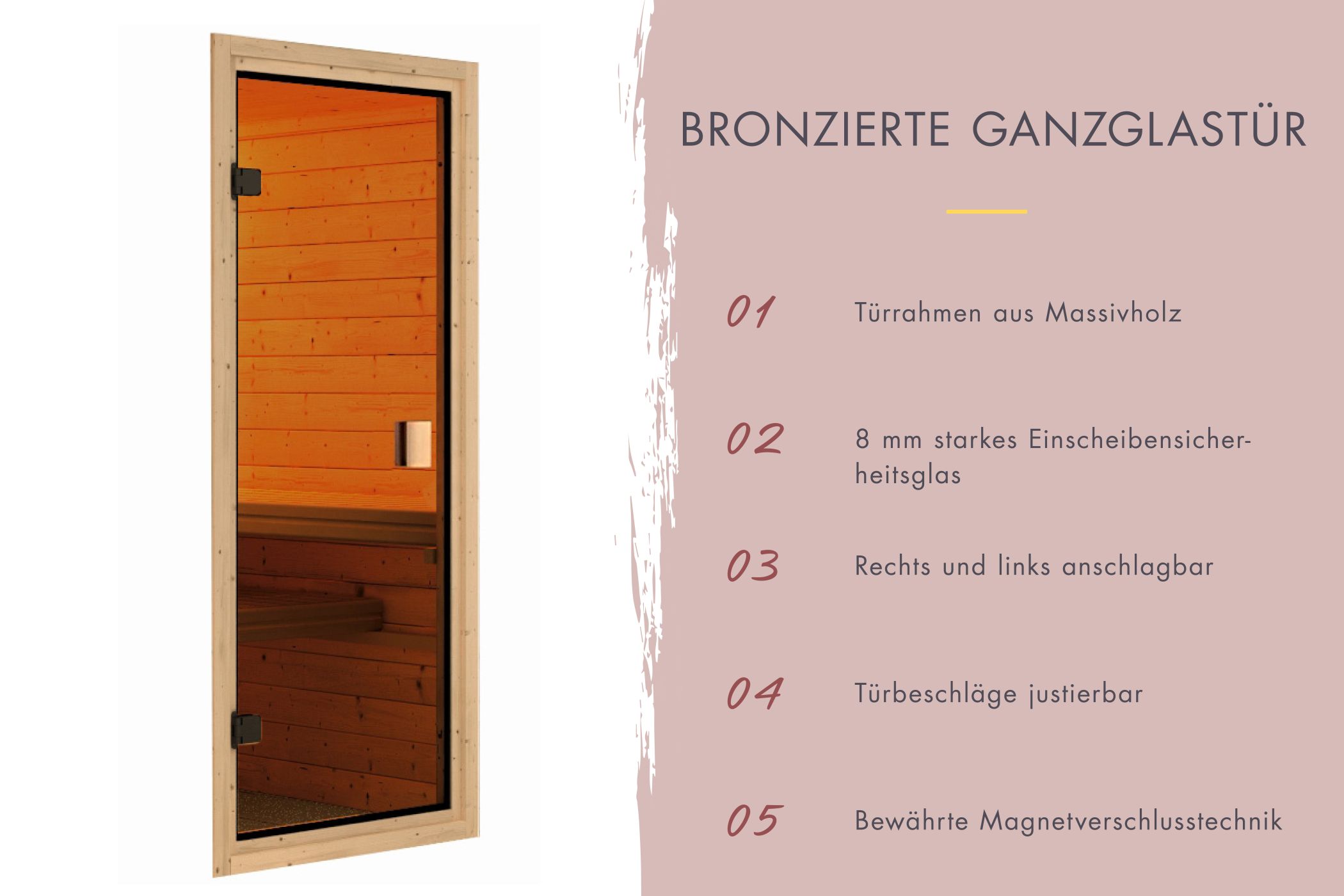 Klarglas-Ganzglastür aus 8 mm Einscheibensicherheitsglas mit Massivholzrahmen für Karibu Saunen
