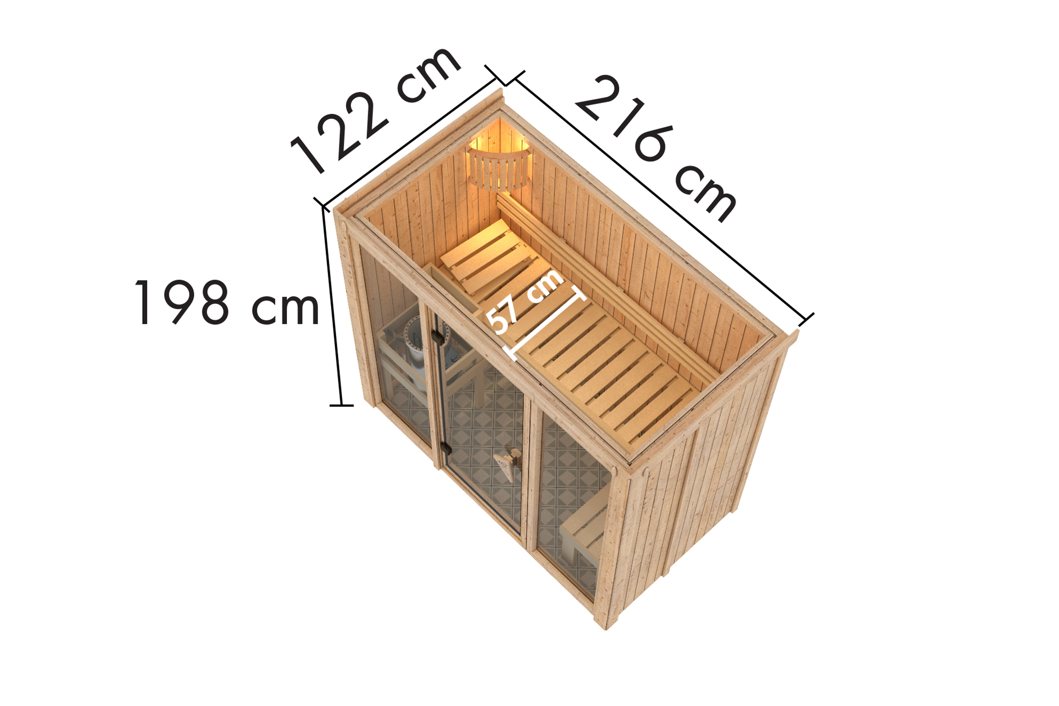 Maßzeichnung der Karibu Sauna Avari 2 mit Außenmaß 216 × 122 cm und Höhe 198 cm