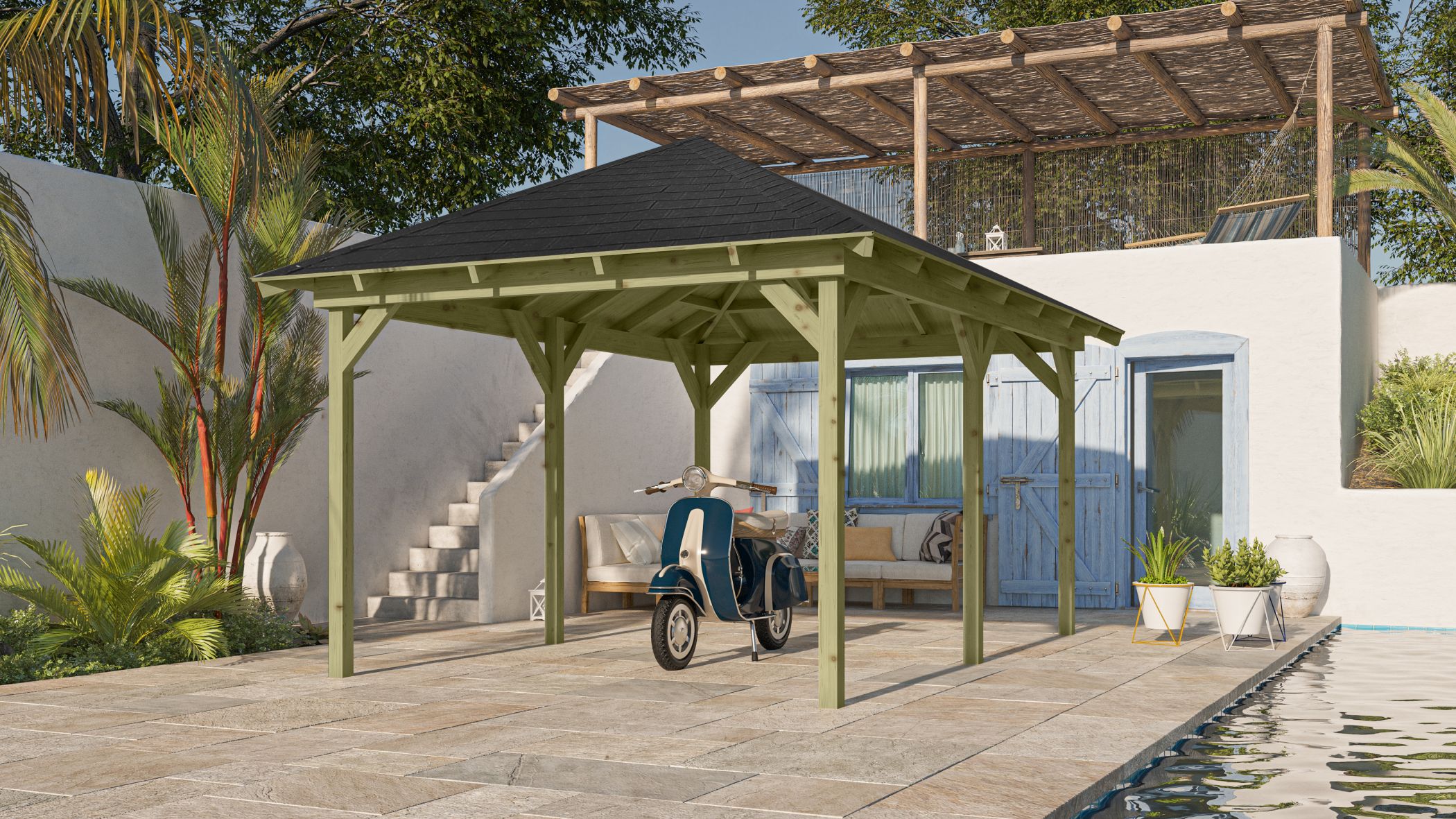 Karibu Pavillon Perida aus KDI-Massivholz mit Walmdach im Garten als Ambiente-Ansicht
