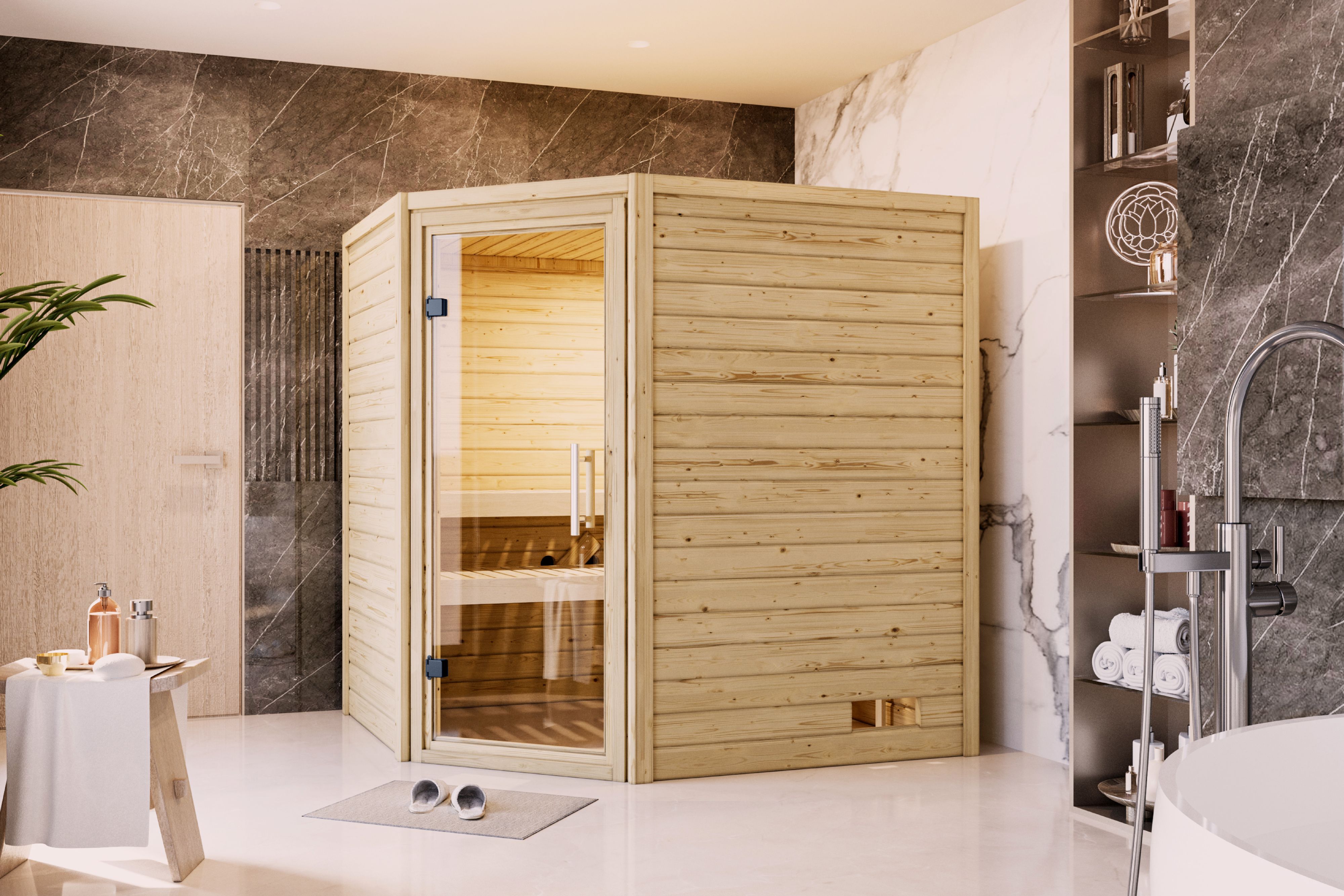 Karibu Sauna Mia als hochwertige Sauna aus nordischer Fichte im Wohnraum-Ambiente