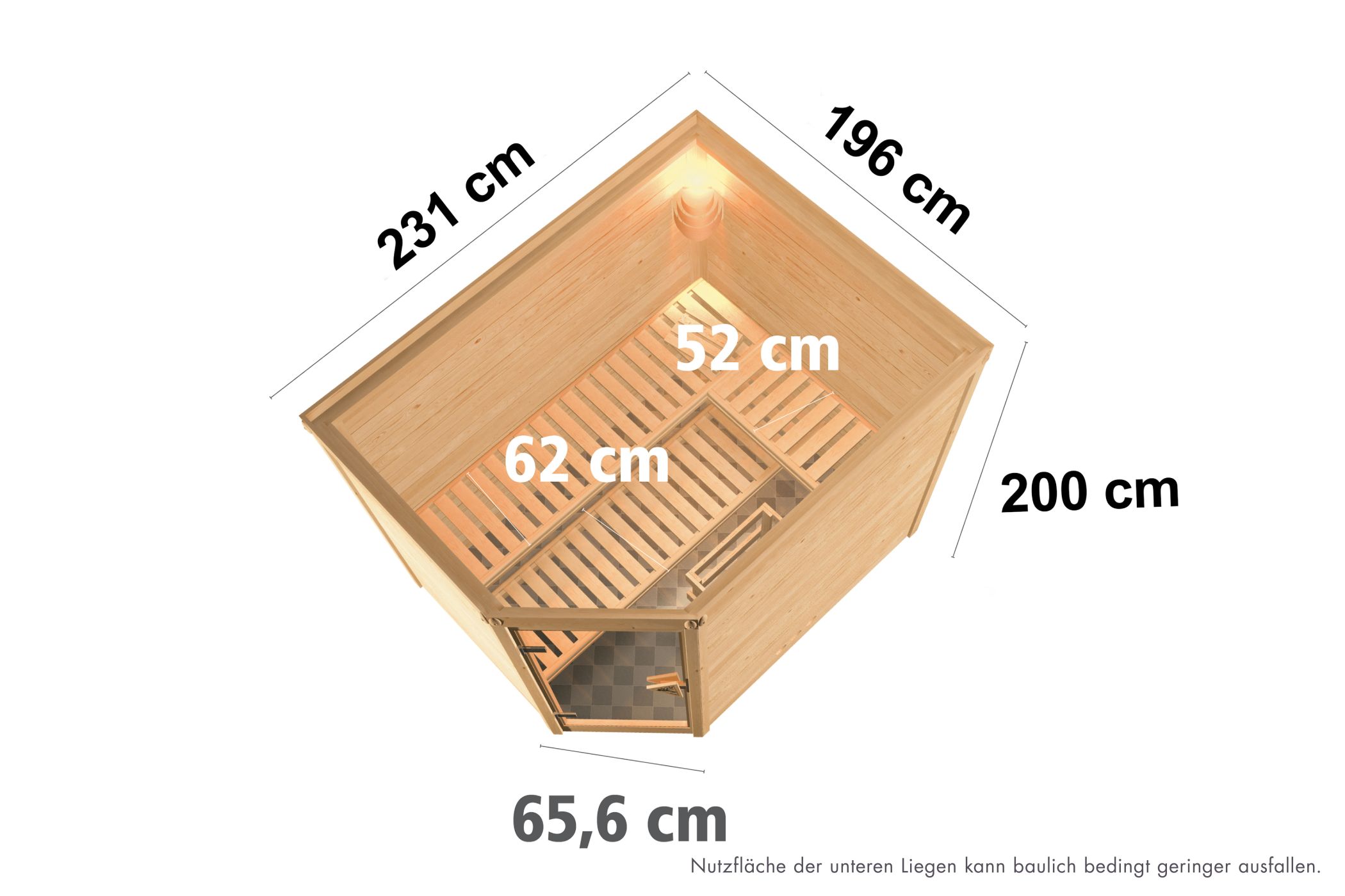 Maßzeichnung der Karibu Sauna Tanami mit Außenmaß 231 × 196 cm und Höhe 200 cm