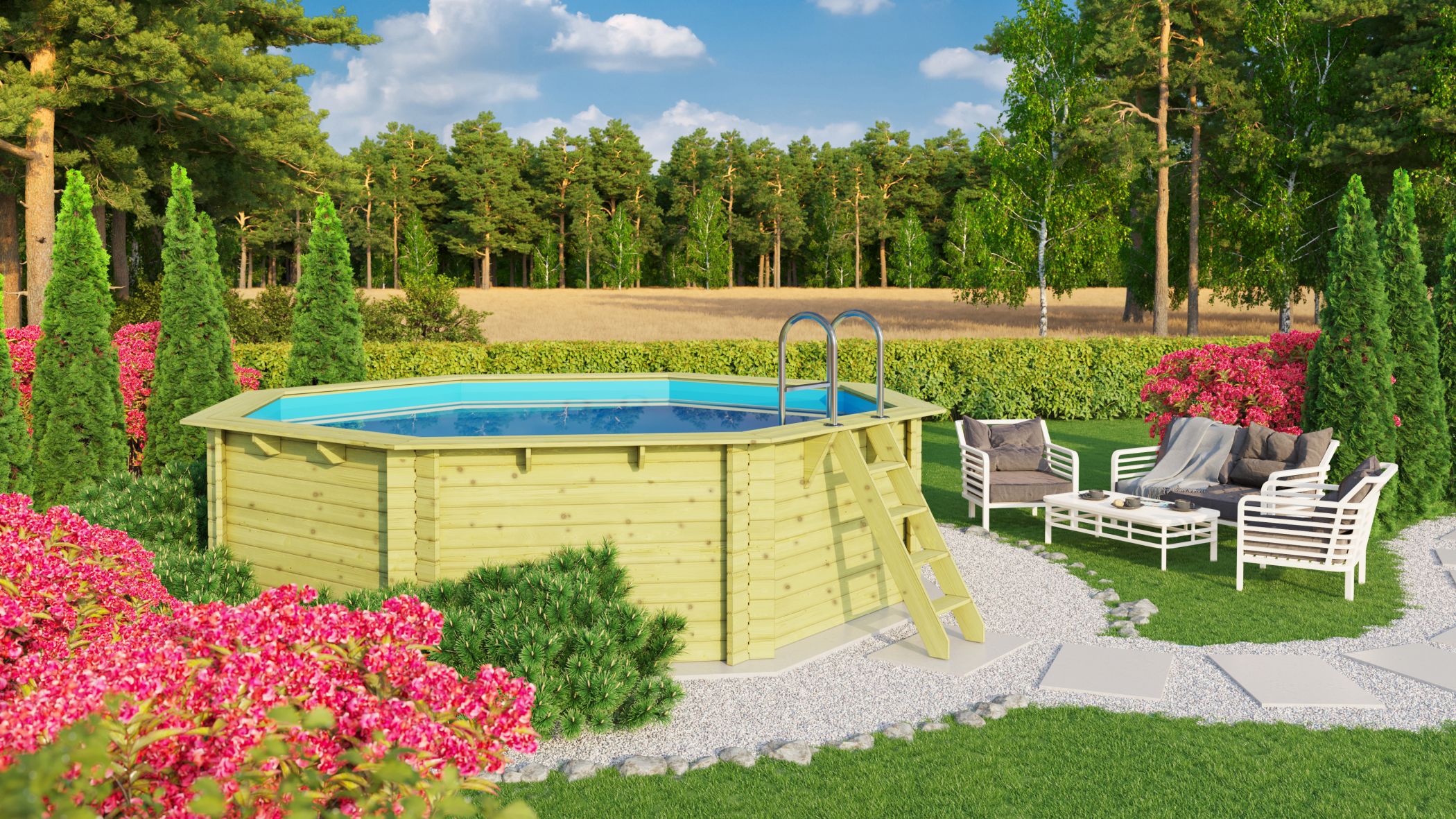 Karibu Pool Modell 2 mit Anbaudach im Garten