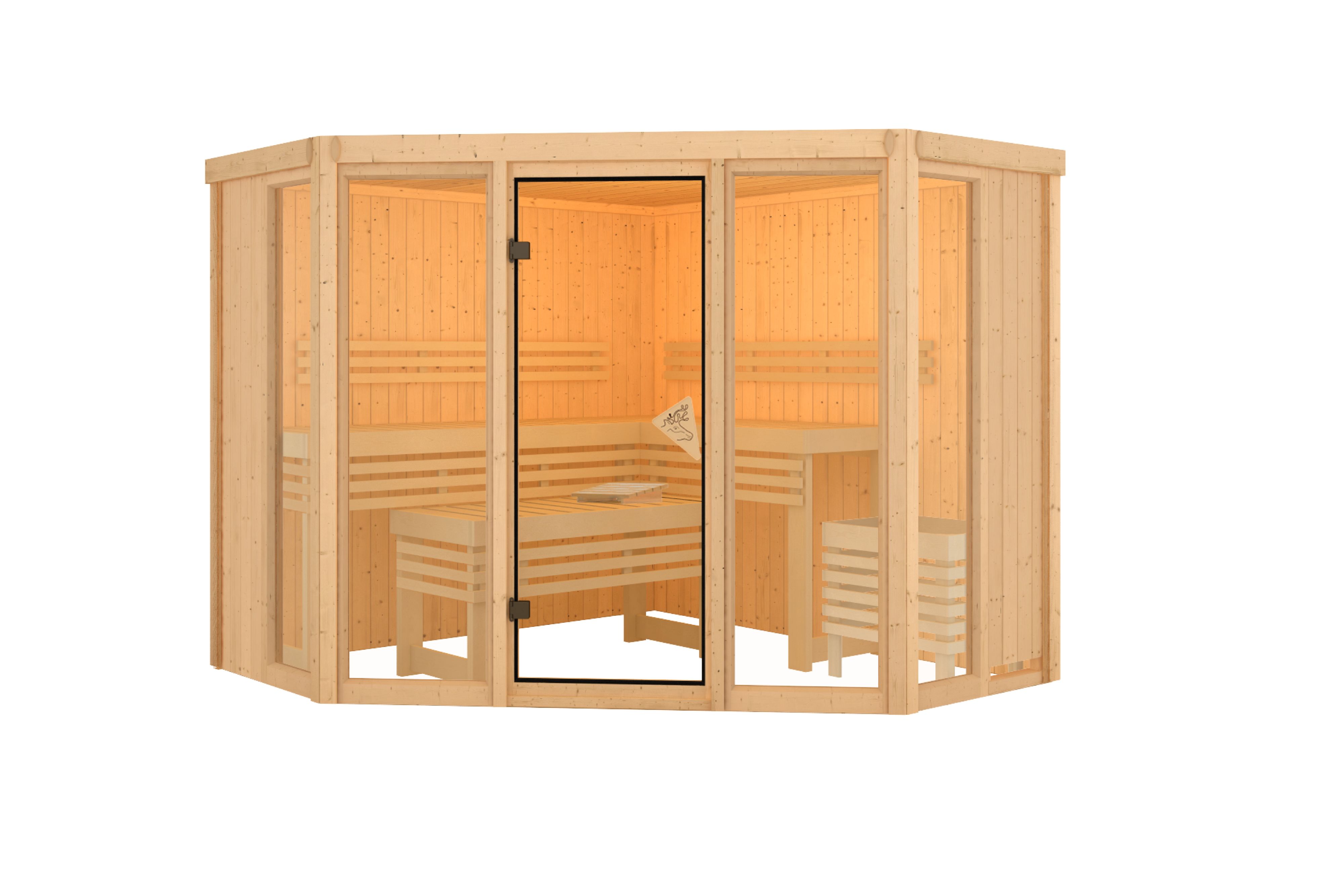 Innenansicht der Karibu Sauna Alcinda mit Liegen und Kopfstütze aus hellem Espenholz