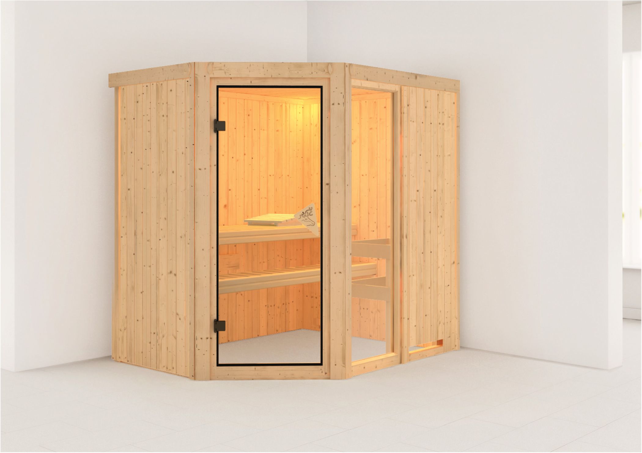 Außenansicht der Karibu Sauna Fiona 1 aus nordischer Fichte mit Ganzglastür und Fronteinstieg