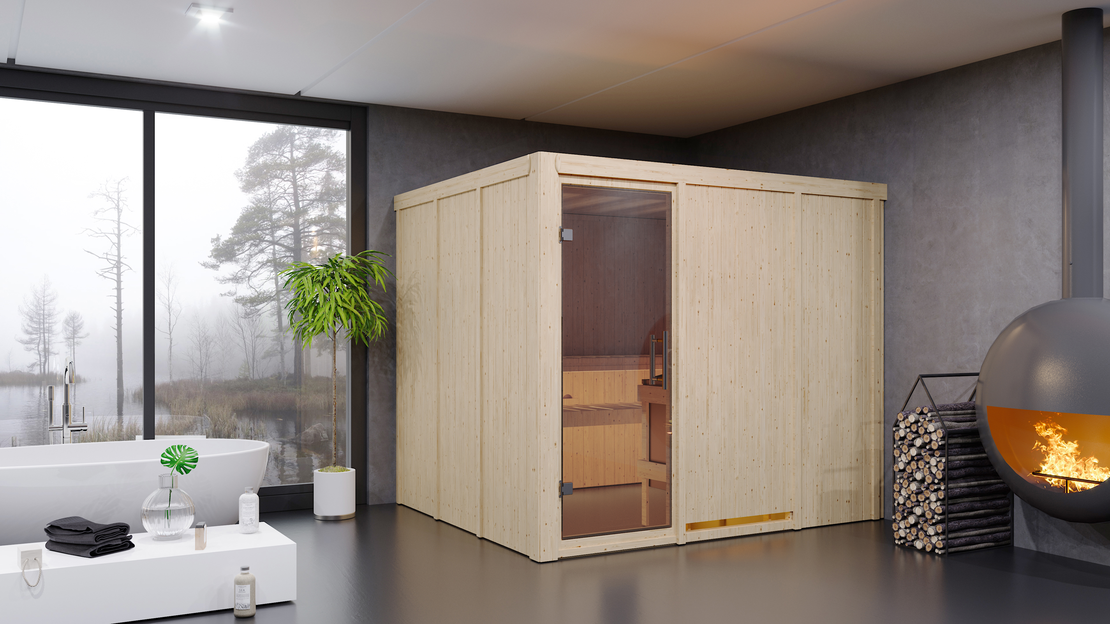 Karibu Sauna Gobin als hochwertige Sauna aus nordischer Fichte im Wohnraum-Ambiente