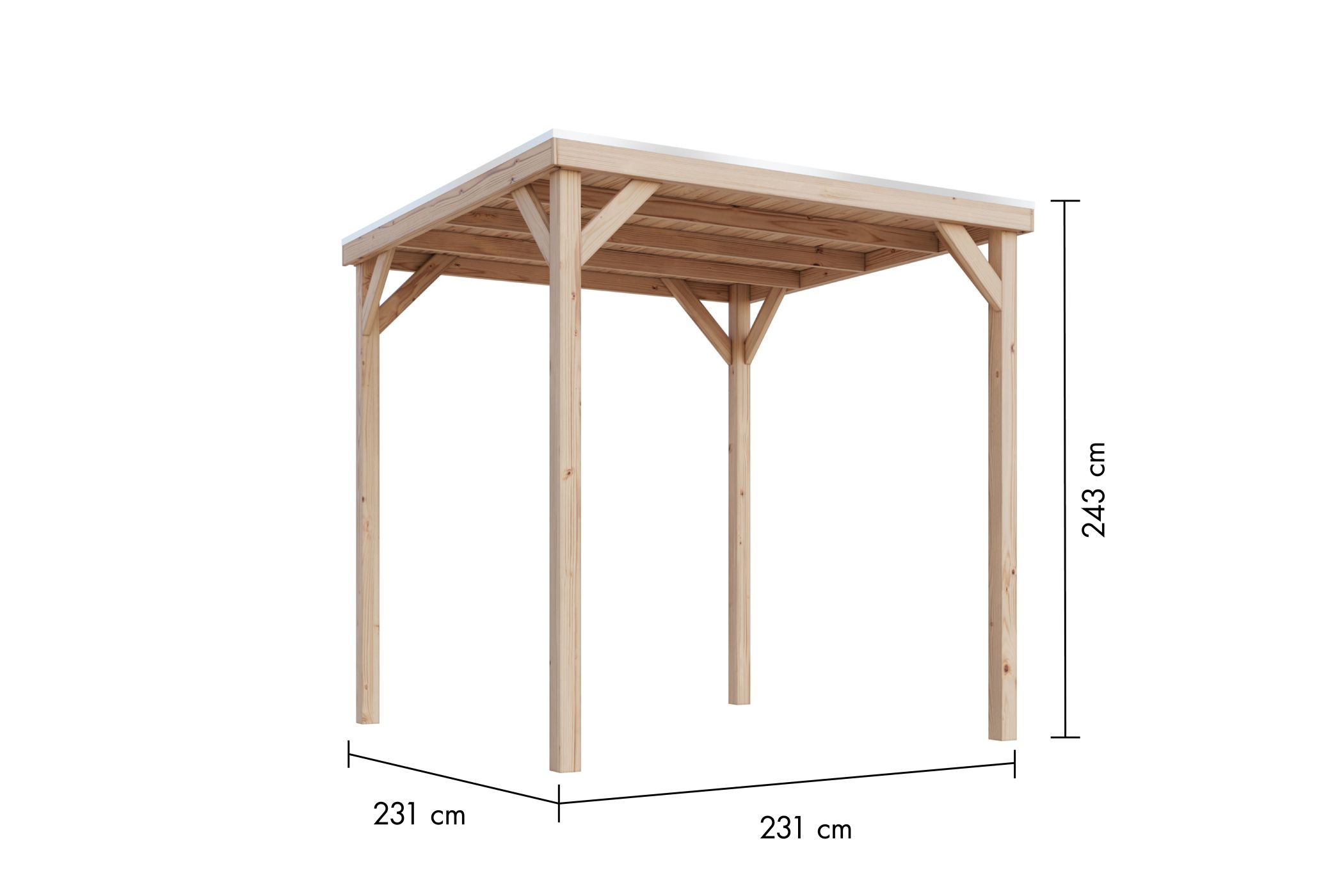Maßzeichnung des Karibu Cubeco Pavillon mit Dachmaß 242 × 242 cm und Firsthöhe 243 cm