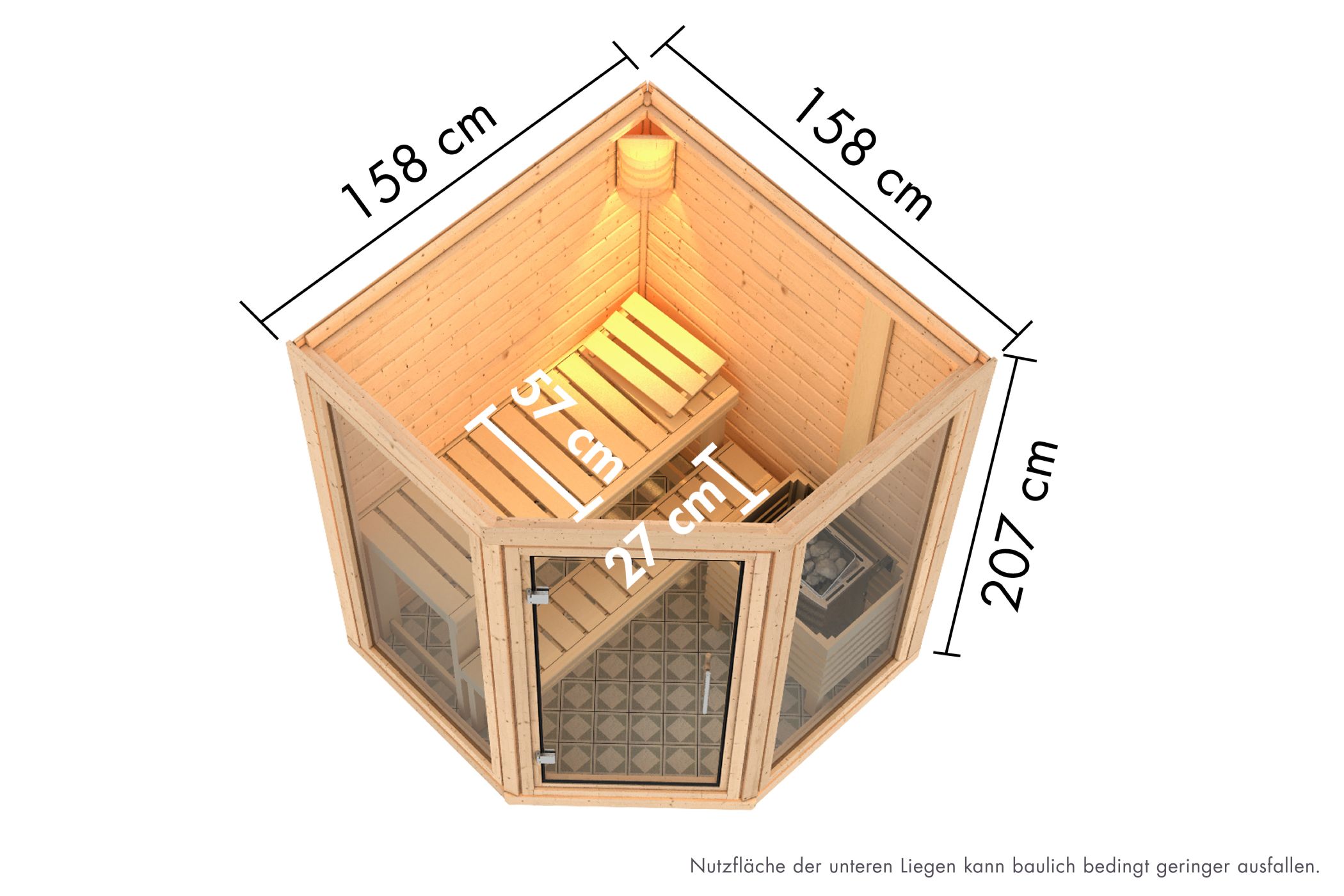 Maßzeichnung der Karibu Sauna Yuma mit Außenmaß 158 × 158 cm und Höhe 207 cm