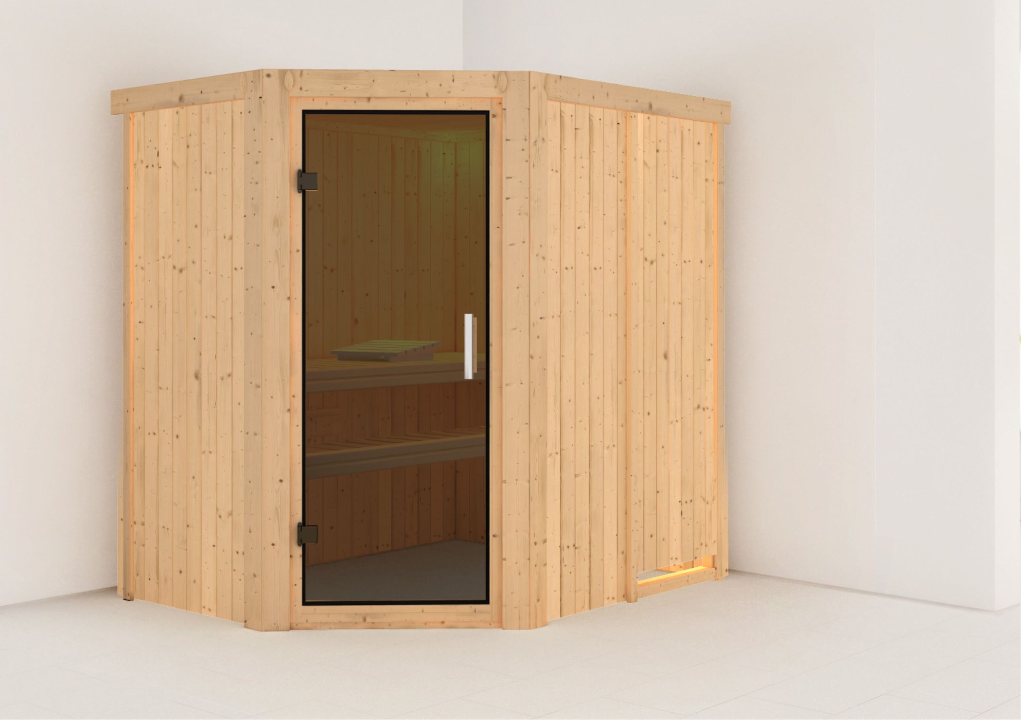 Außenansicht der Karibu Sauna Saja aus nordischer Fichte mit Ganzglastür und Fronteinstieg