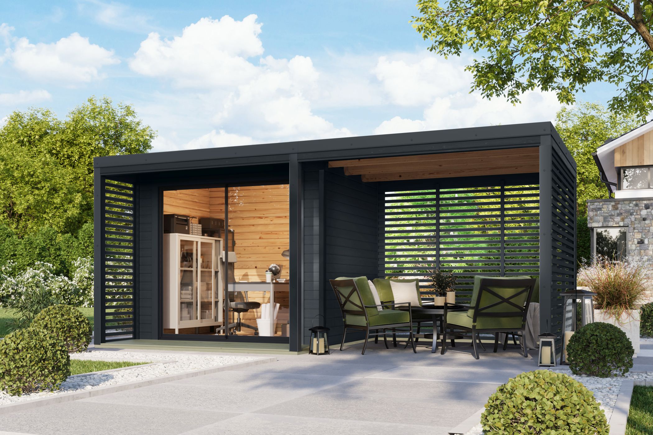 Karibu Gartenhaus Holz & Metall Saturn in Anthrazit mit Metall in Anthrazit und Anbaudach im Garten