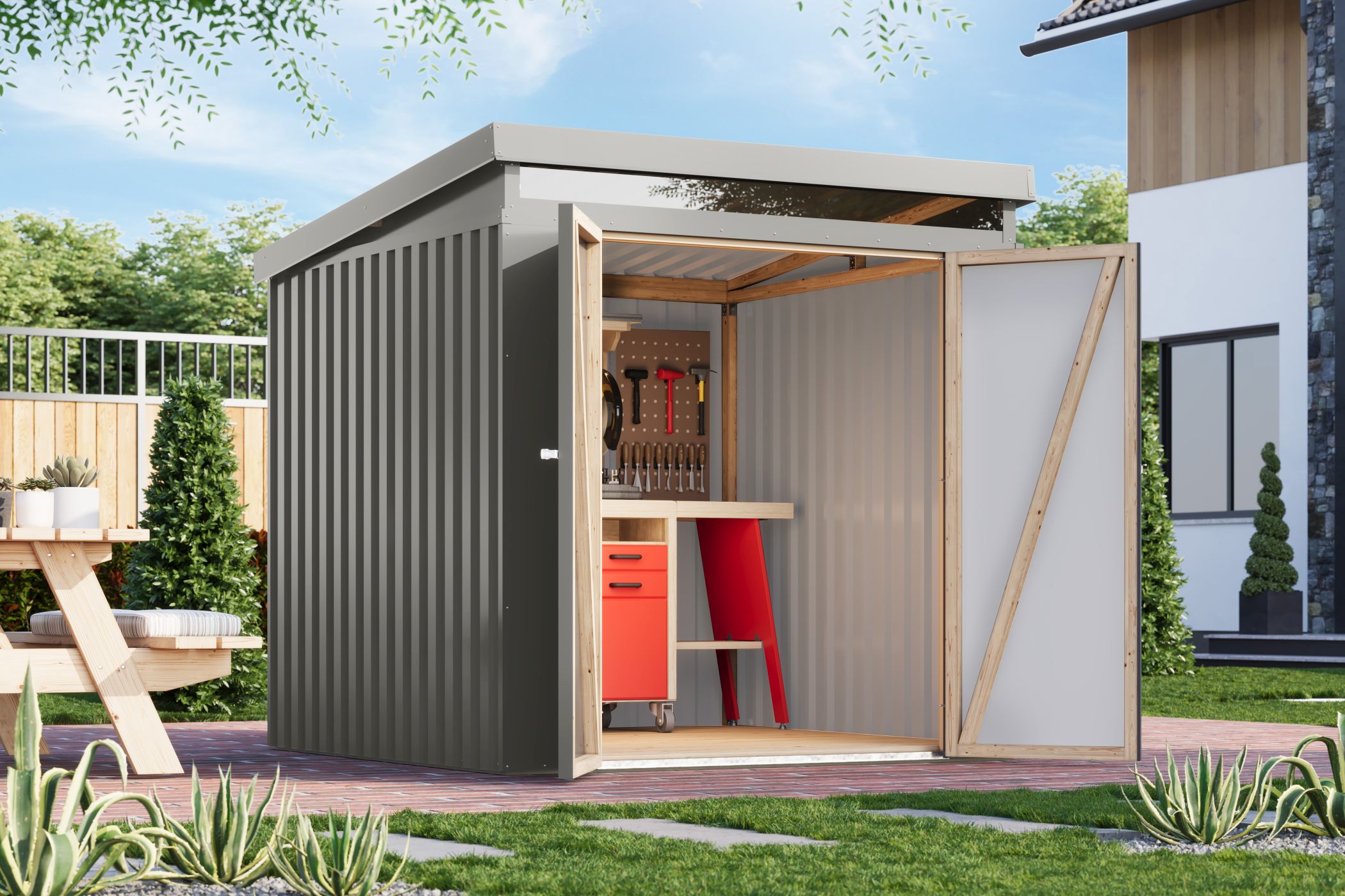 Karibu Gerätehaus aus Metall Iridium 2 in Graualuminium im Garten