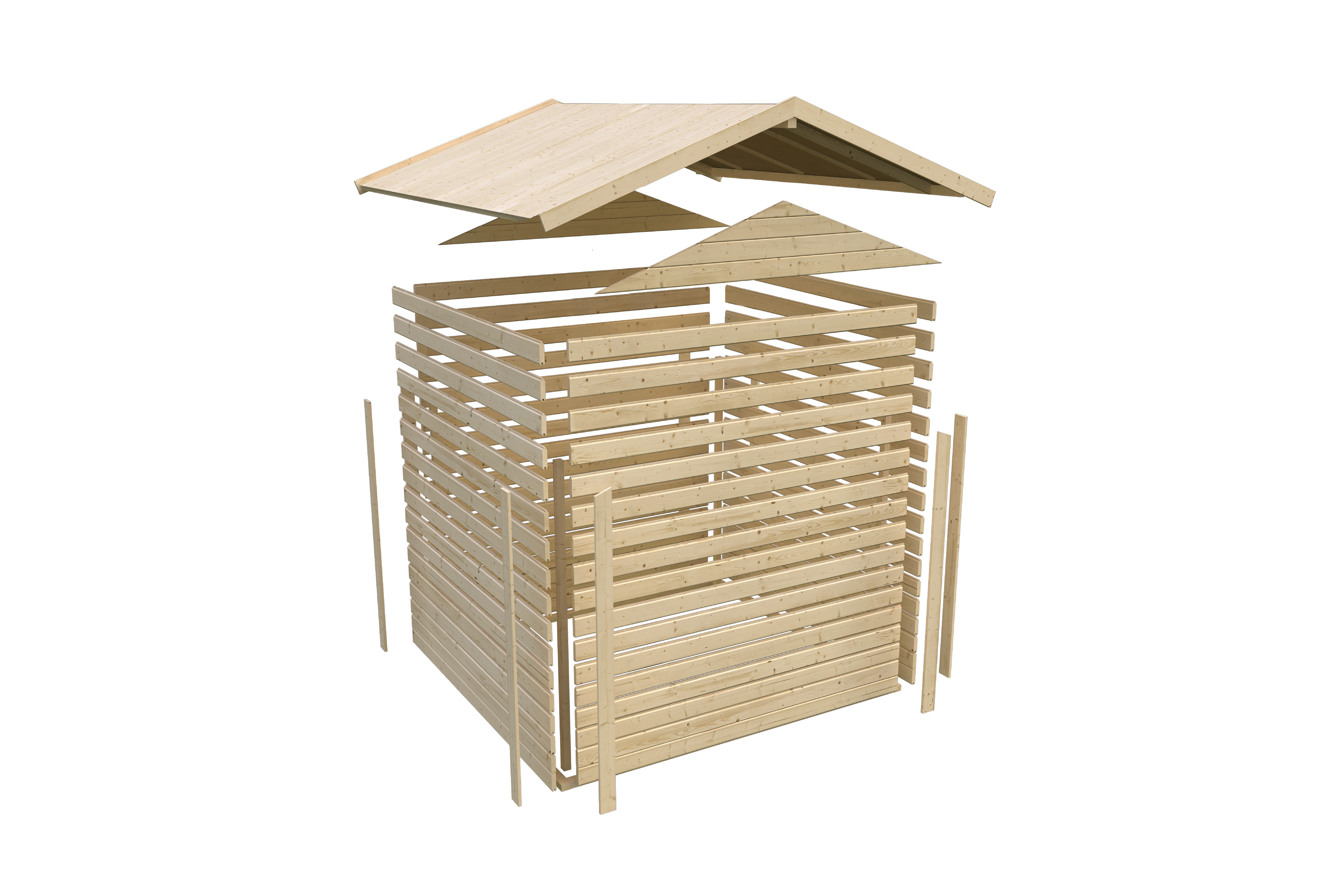 Aufbaudarstellung des Karibu Gartenhaus Talkau 3 mit Wandprofilen und Pultdach