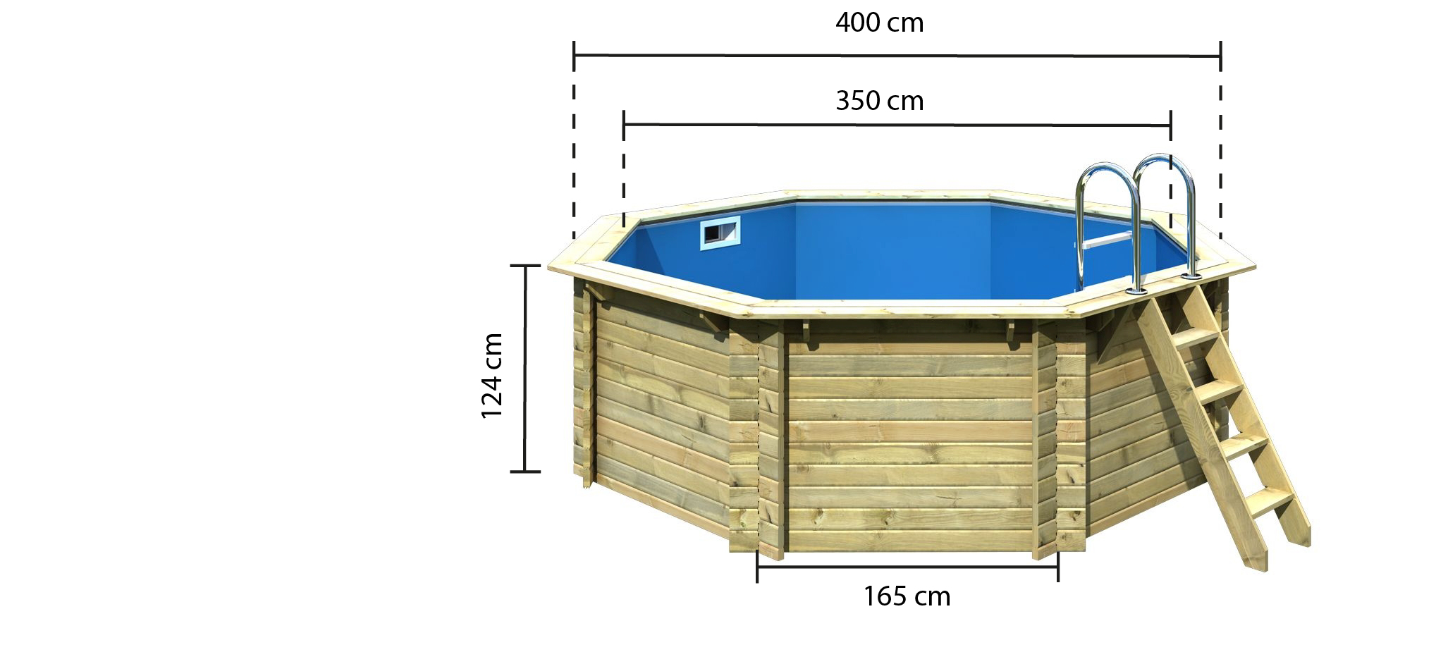 Bemaßte Maßzeichnung des Karibu Pool Modell 1, 358 × 358 cm