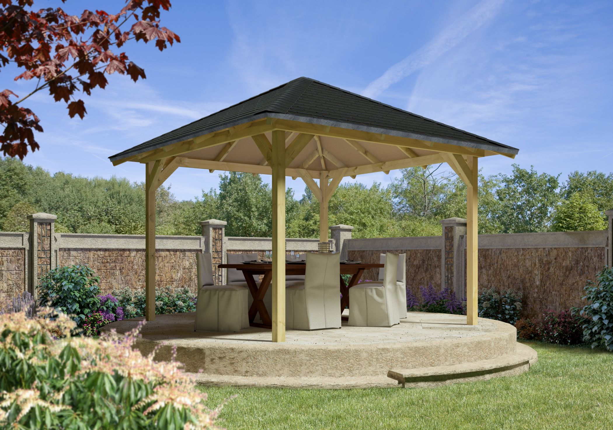 Karibu Pavillon Cordoba aus KDI-Massivholz mit Walmdach im Garten als Ambiente-Ansicht
