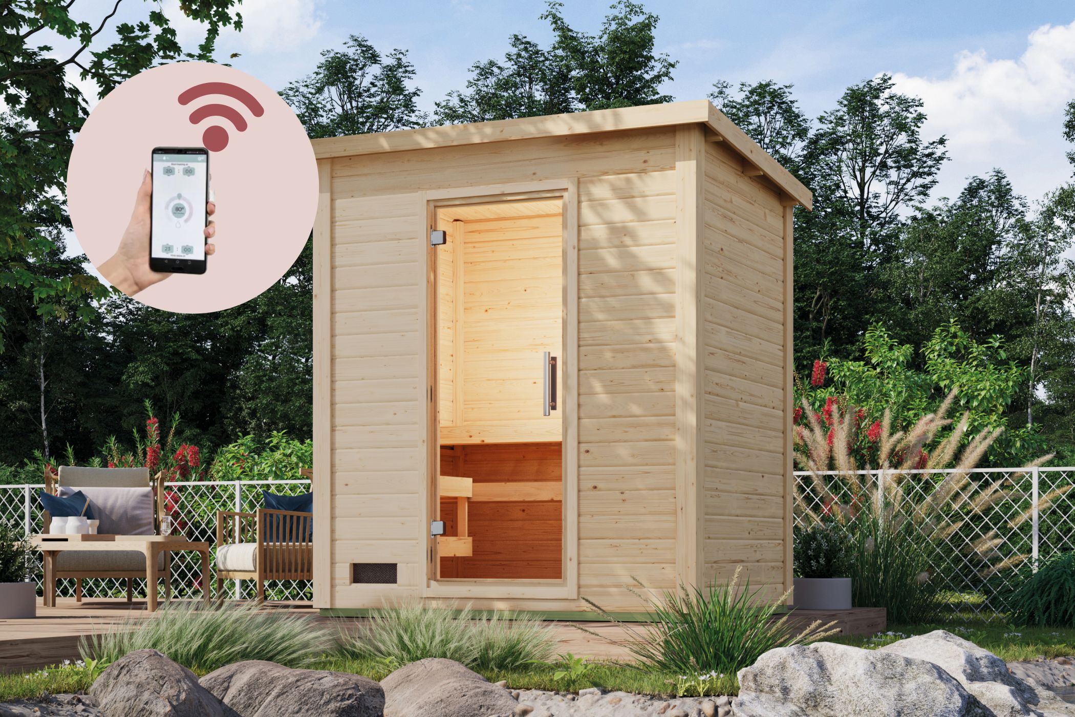 Karibu Saunahaus Hytti 1 Exclusive naturbelassen / + Ofen und HUUM WIFI Steuergerät Sparset als Gartensauna aus Massivholz