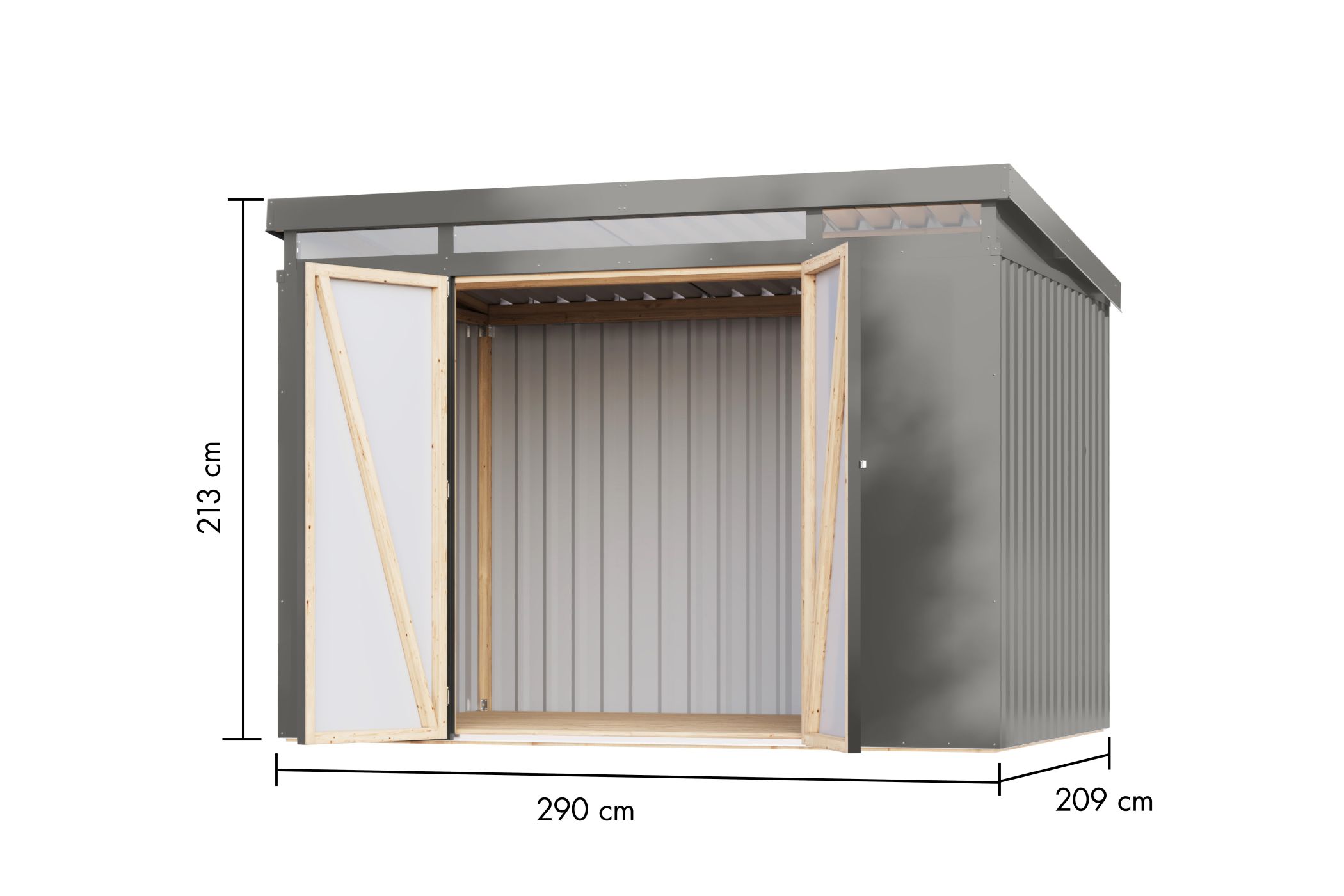 Bemaßte Maßzeichnung des Karibu Gerätehaus aus Metall Iridium 3, 290 × 209 cm