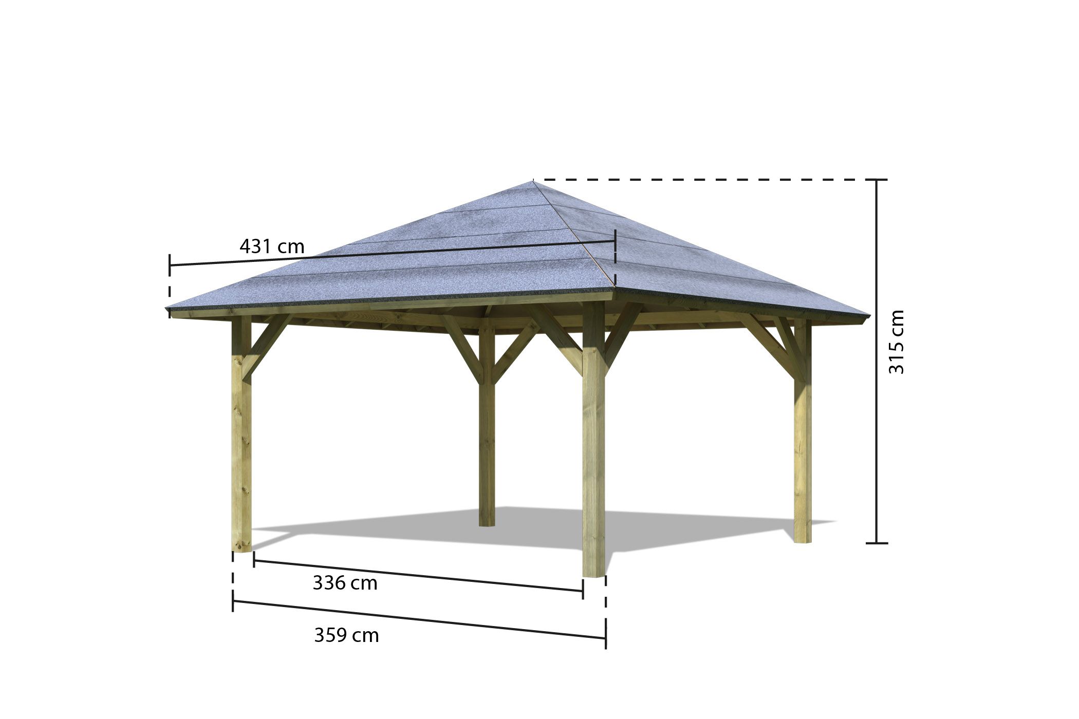 Maßzeichnung des Karibu Carport Kirn 1 mit Dachmaß 431 × 431 cm und Durchfahrtshöhe 194 cm