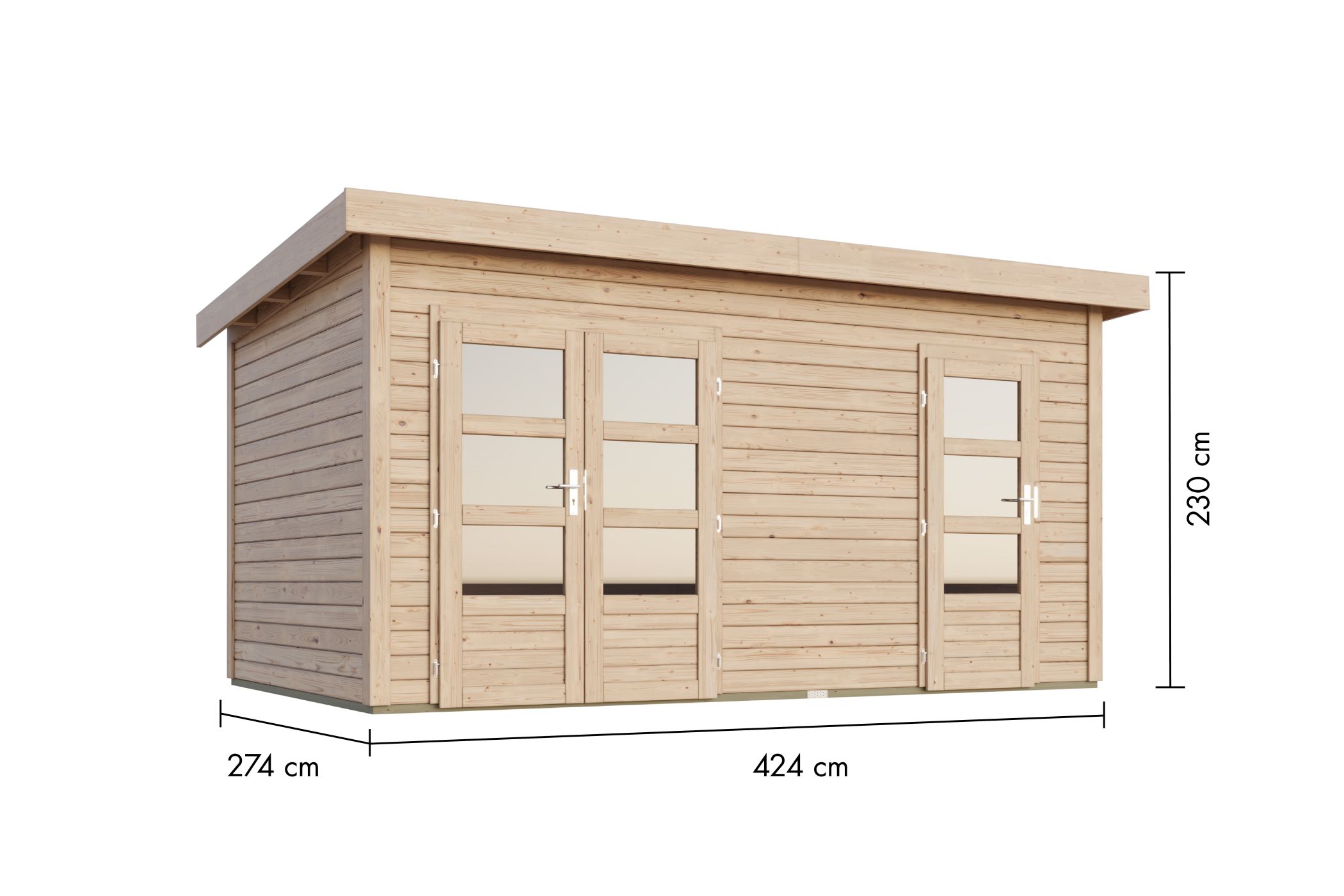 Bemaßte Maßzeichnung des Karibu Gartenhaus Mattrup, 424 × 274 cm