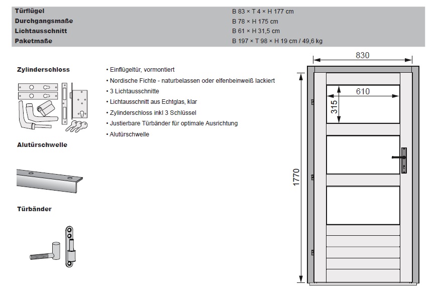 Karibu Türpaket Außensauna Modern als hochwertige Sauna aus nordischer Fichte im Wohnraum-Ambiente