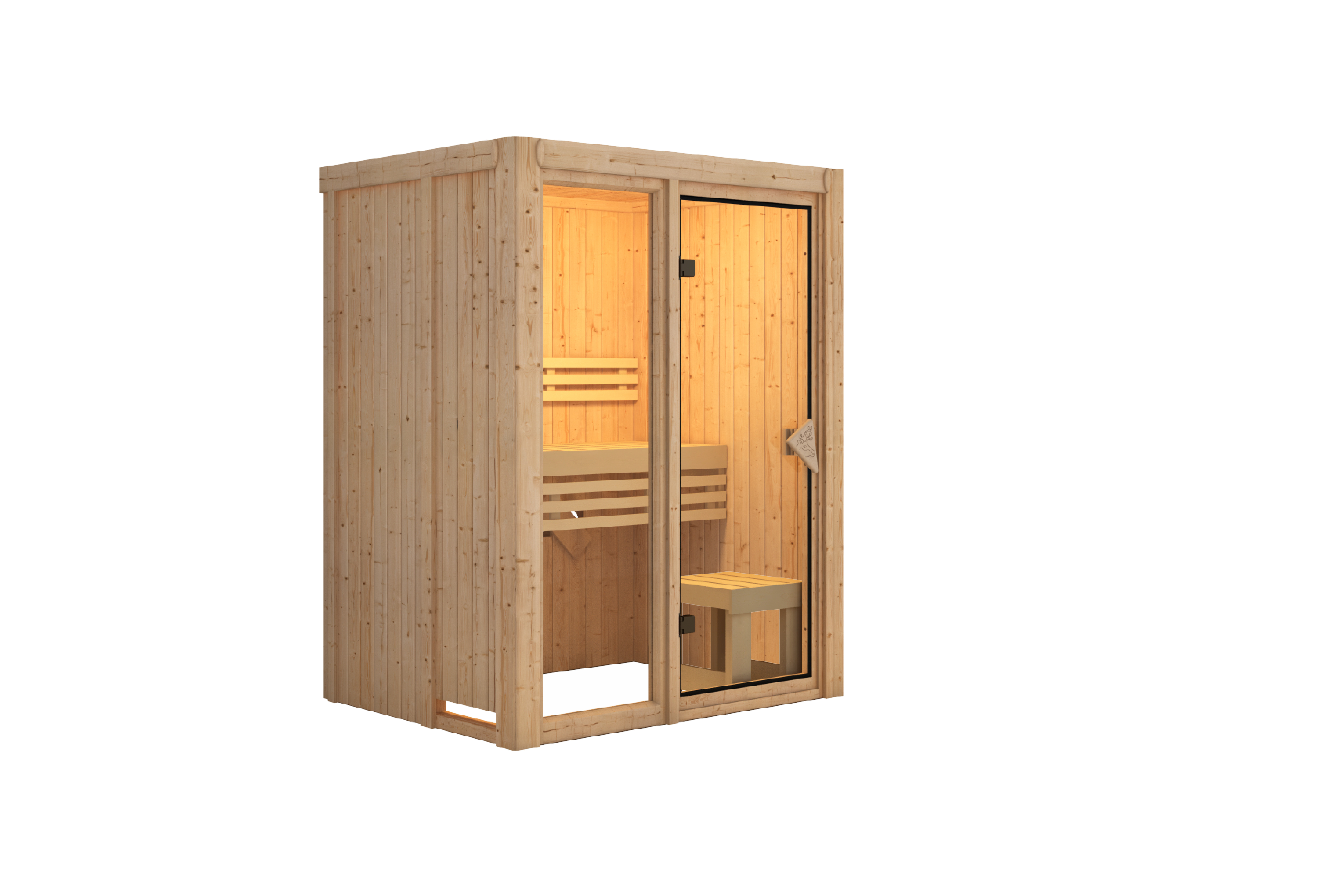 Innenansicht der Karibu Sauna Avari 1 mit Liegen und Kopfstütze aus hellem Espenholz