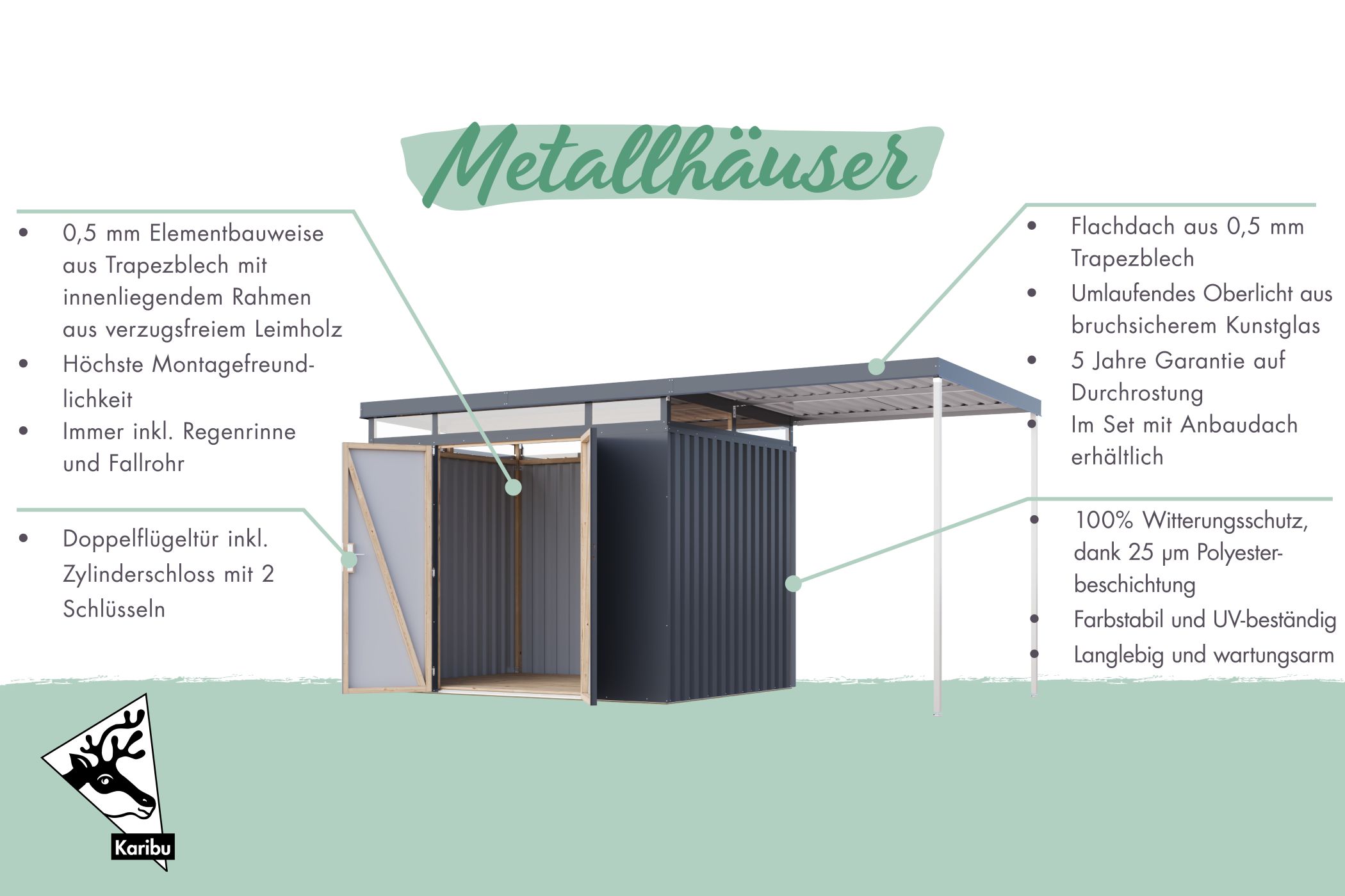 Karibu großes Gerätehaus aus Metall Aurum 3,5 in Graualuminium, Außenansicht