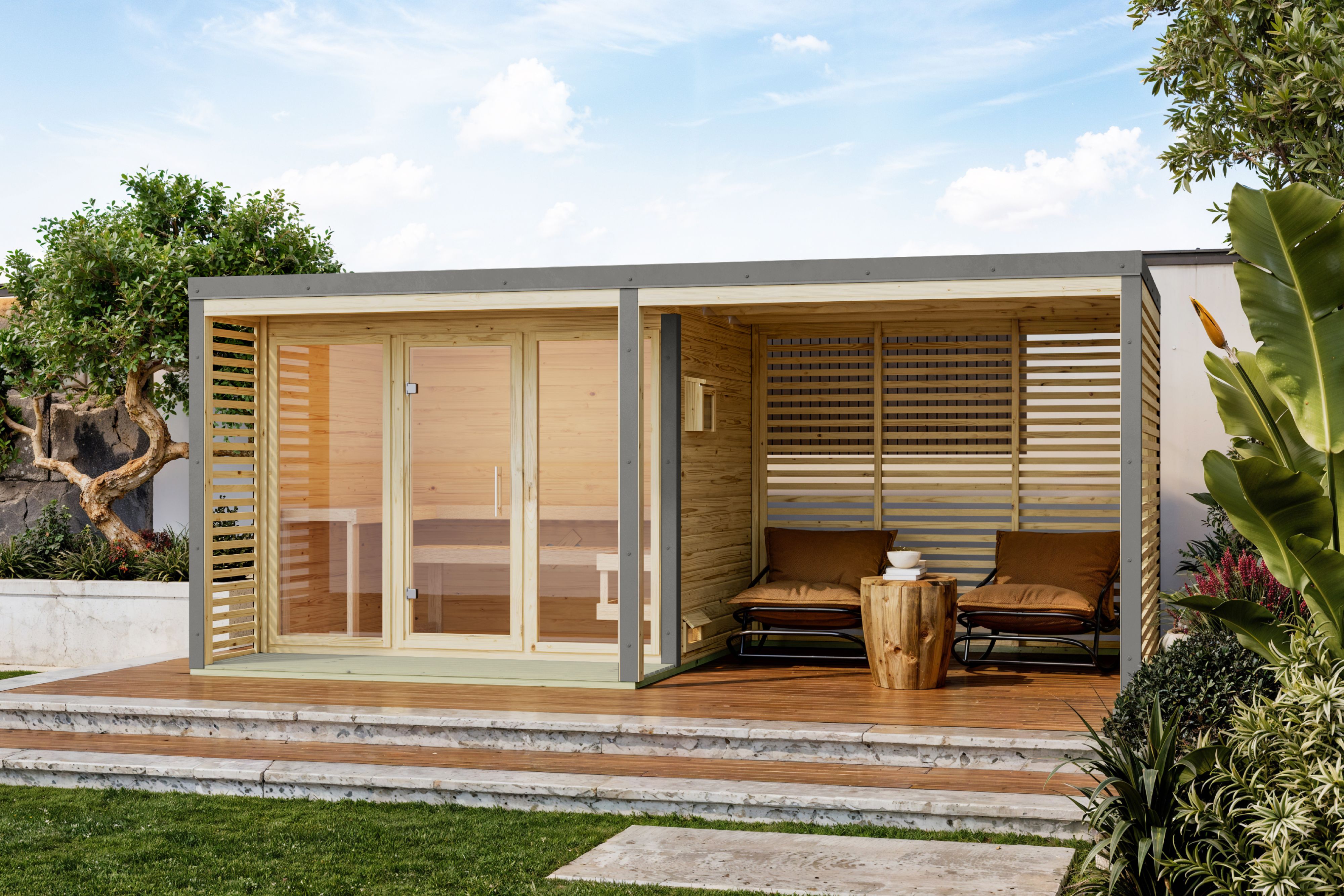 Karibu Saunahaus Ares 3 mit 2,70 m Anbaudach als Gartensauna aus Massivholz im Garten mit Glasfront