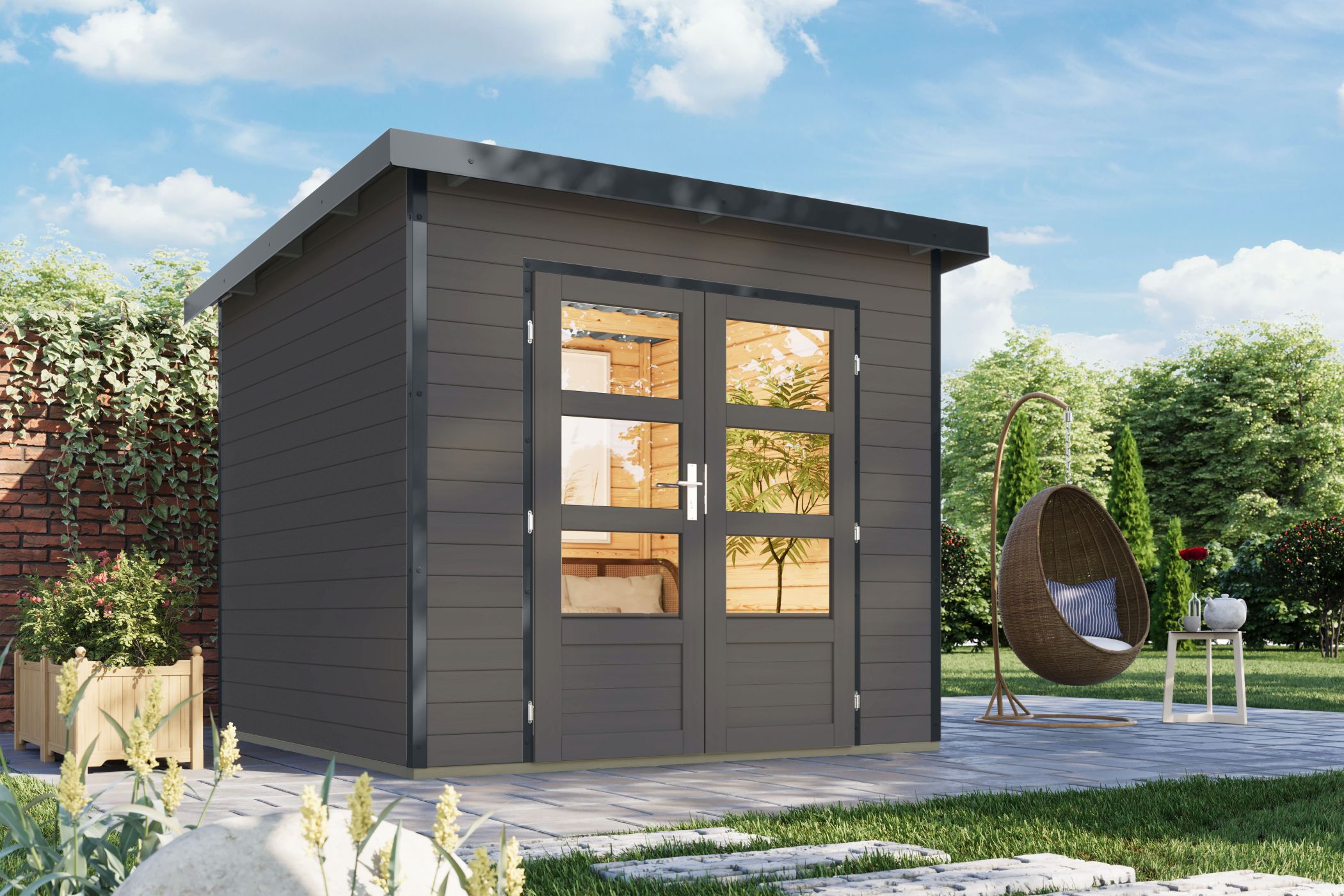 Karibu Gartenhaus Holz & Metall Pluto 3 in Terragrau mit Metall in Anthrazit im Garten