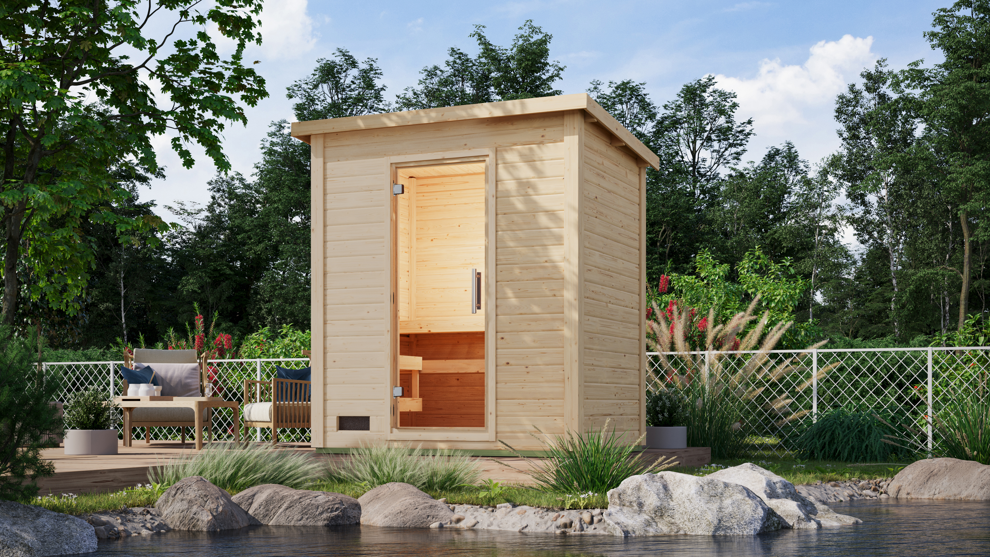 Karibu Saunahaus Hytti 1 Exclusive naturbelassen / + Ofen und HUUM WIFI Steuergerät Sparset als stimmungsvoller