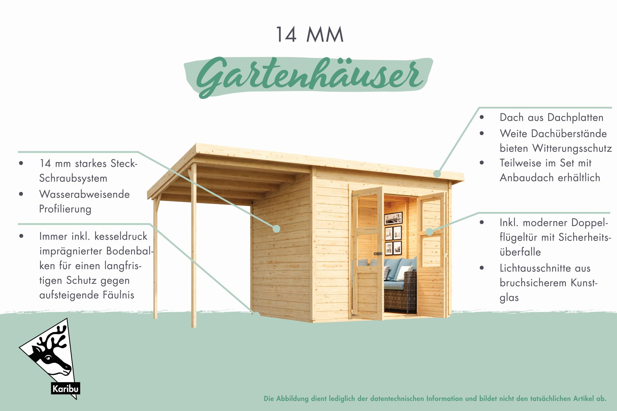 Karibu kleines Gerätehaus Dana aus Holz, im Garten aufgebaut