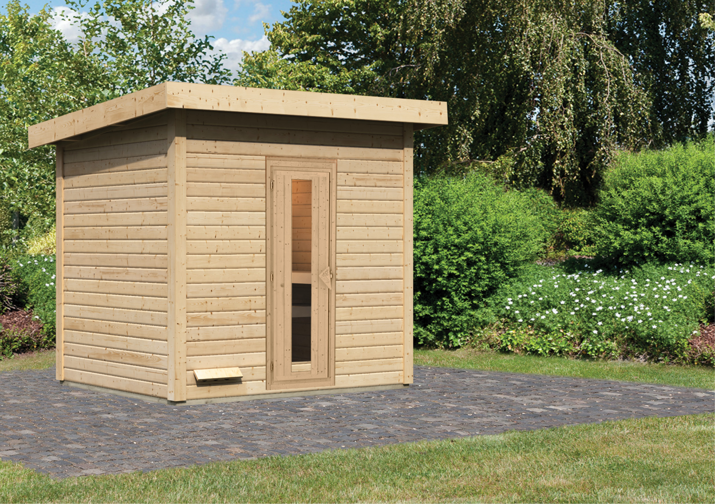 Karibu Saunahaus Hytti 3 als Gartensauna aus Massivholz im Garten mit Glasfront