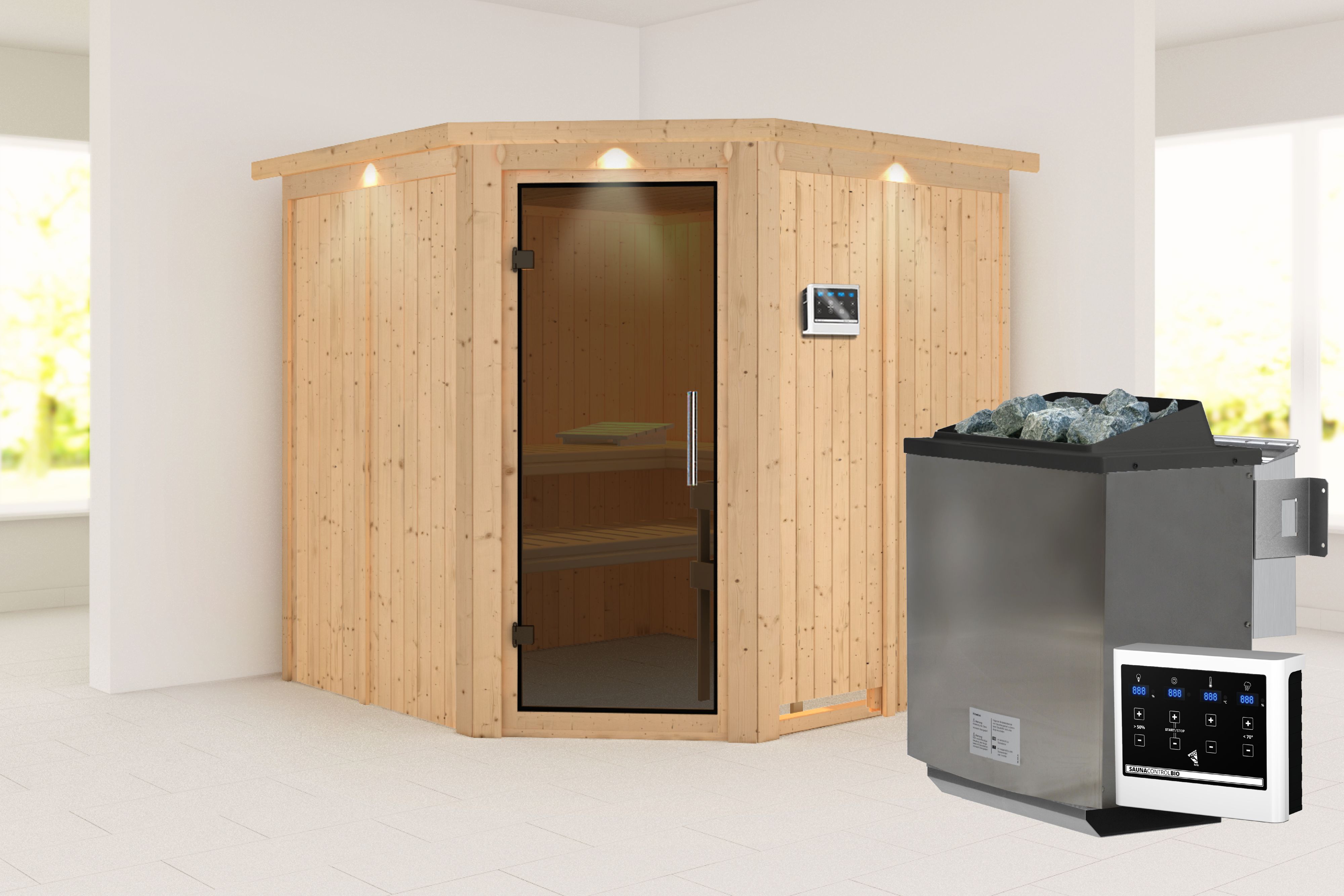 Außenansicht der Karibu Sauna Jarin aus nordischer Fichte mit graphitfarbener Ganzglastür und Fronteinstieg